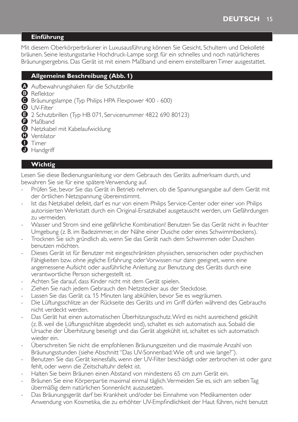 Deutsch, Einführung, Allgemeine beschreibung (abb. 1) | Wichtig | Philips Solárium de medio cuerpo User Manual | Page 15 / 76