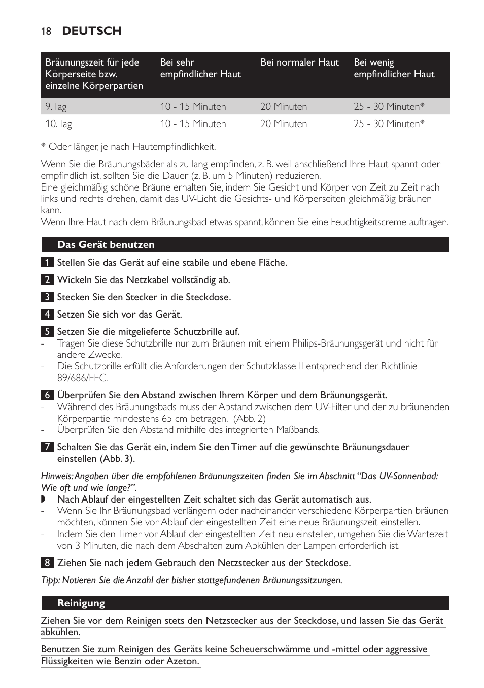 Das gerät benutzen, Reinigung | Philips Solárium de medio cuerpo User Manual | Page 18 / 76