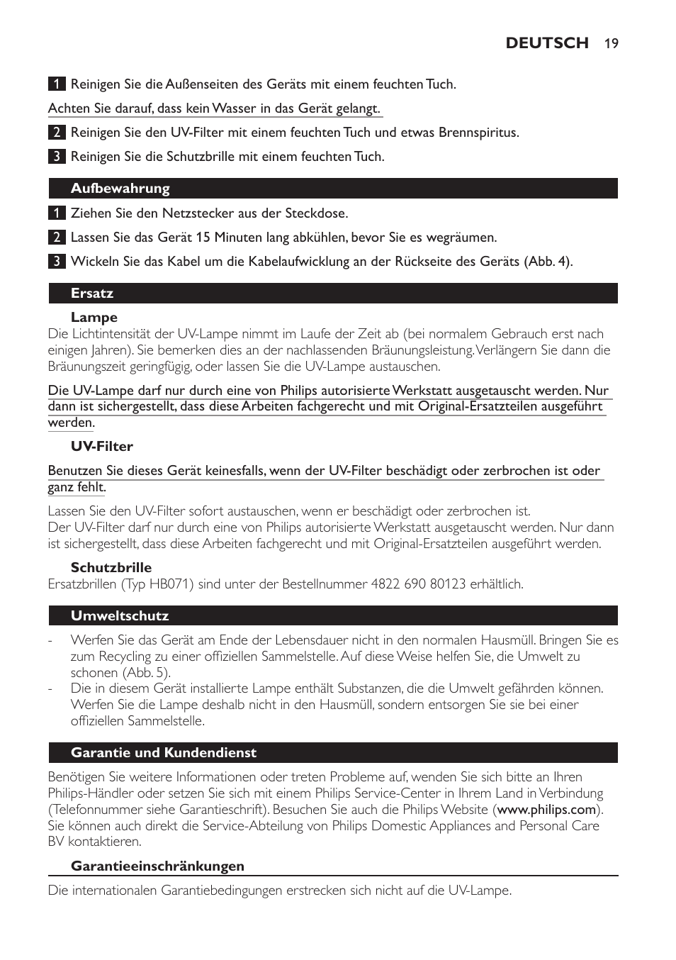 Lampe, Uv-filter, Schutzbrille | Aufbewahrung, Ersatz, Umweltschutz, Garantie und kundendienst | Philips Solárium de medio cuerpo User Manual | Page 19 / 76