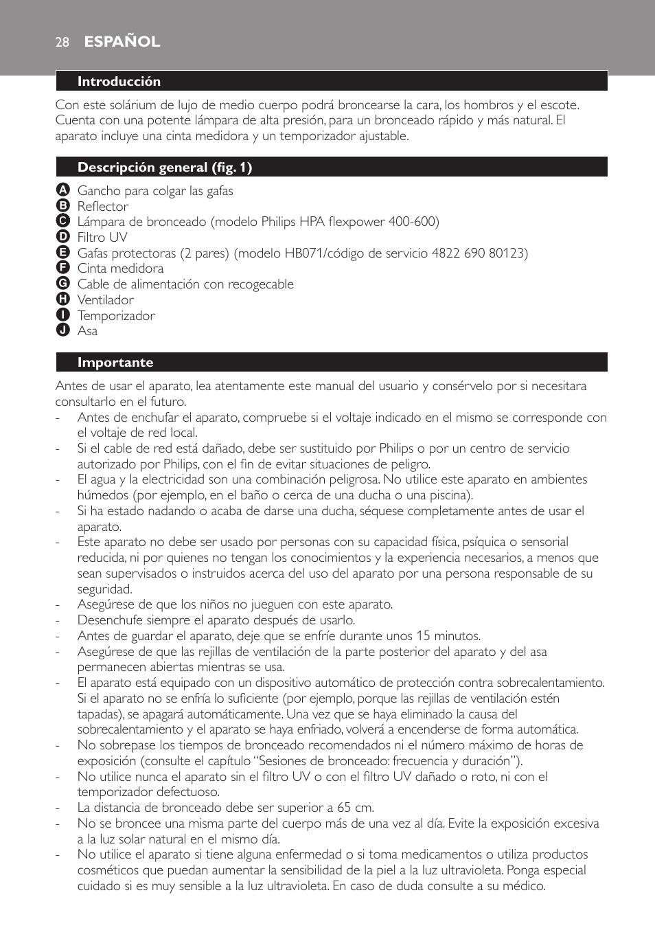 Español, Introducción, Descripción general (fig. 1) | Importante | Philips Solárium de medio cuerpo User Manual | Page 28 / 76