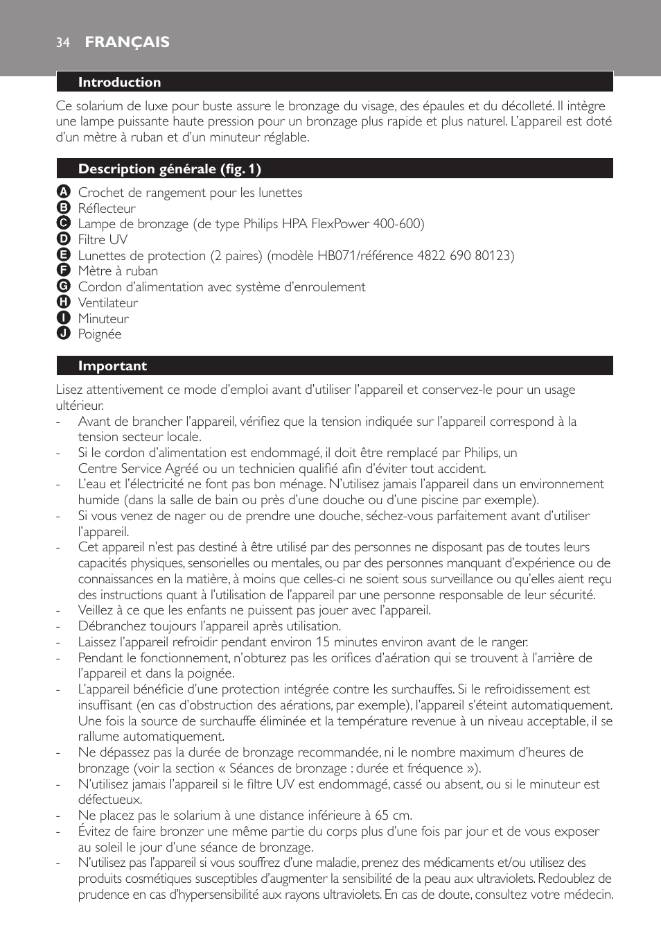 Français, Introduction, Description générale (fig. 1) | Important | Philips Solárium de medio cuerpo User Manual | Page 34 / 76