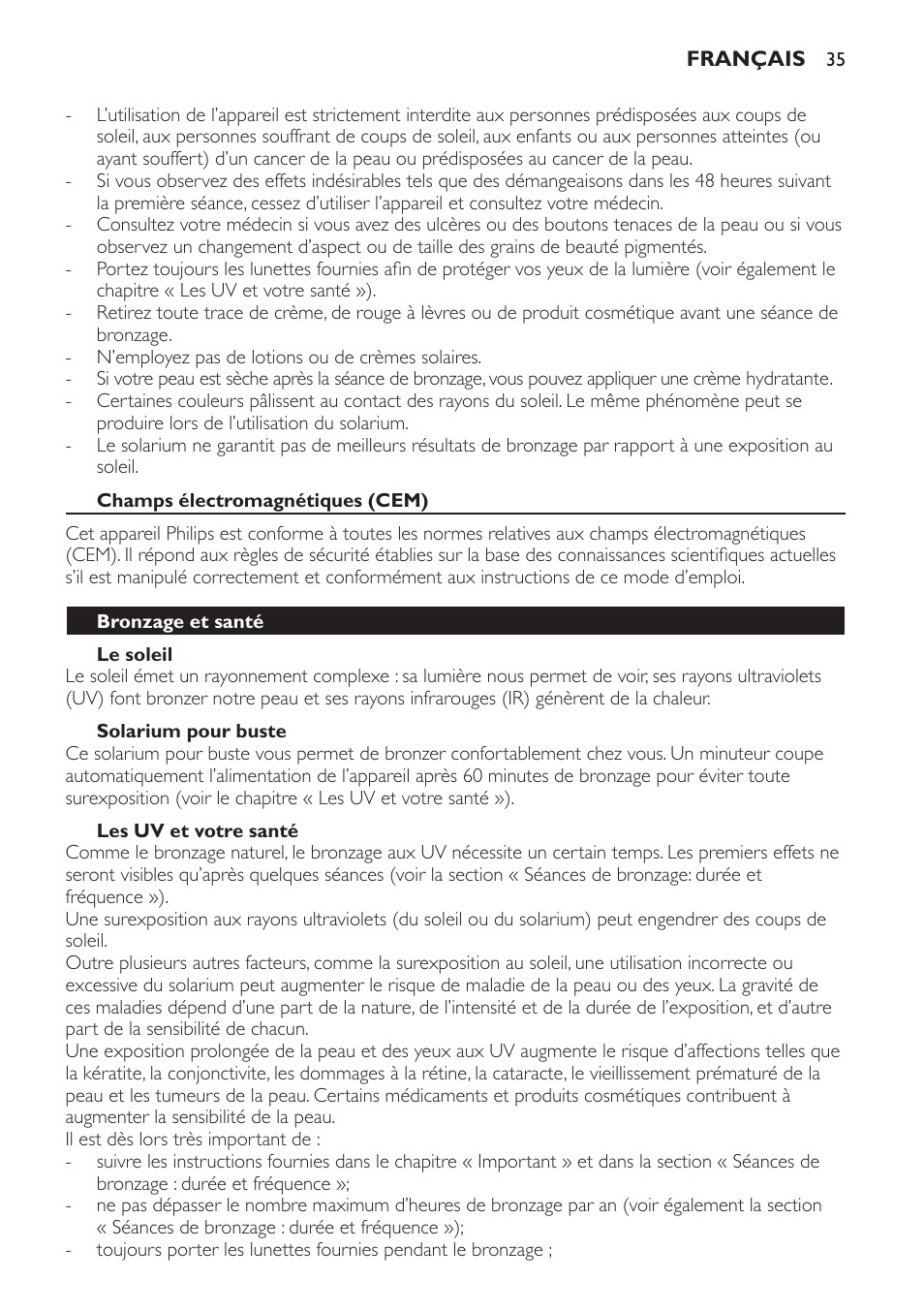 Champs électromagnétiques (cem), Le soleil, Solarium pour buste | Les uv et votre santé, Bronzage et santé | Philips Solárium de medio cuerpo User Manual | Page 35 / 76