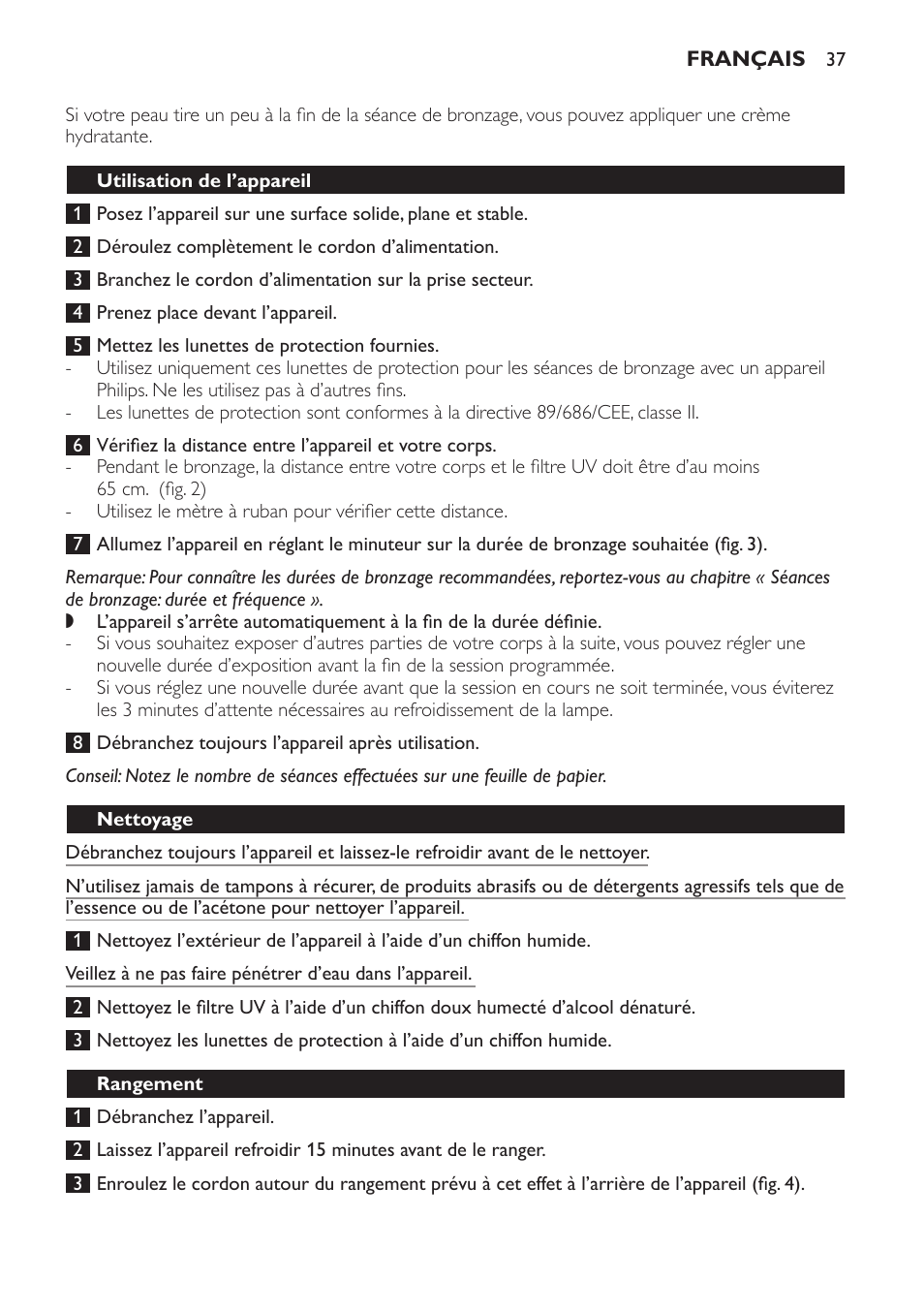 Utilisation de l’appareil, Nettoyage, Rangement | Philips Solárium de medio cuerpo User Manual | Page 37 / 76