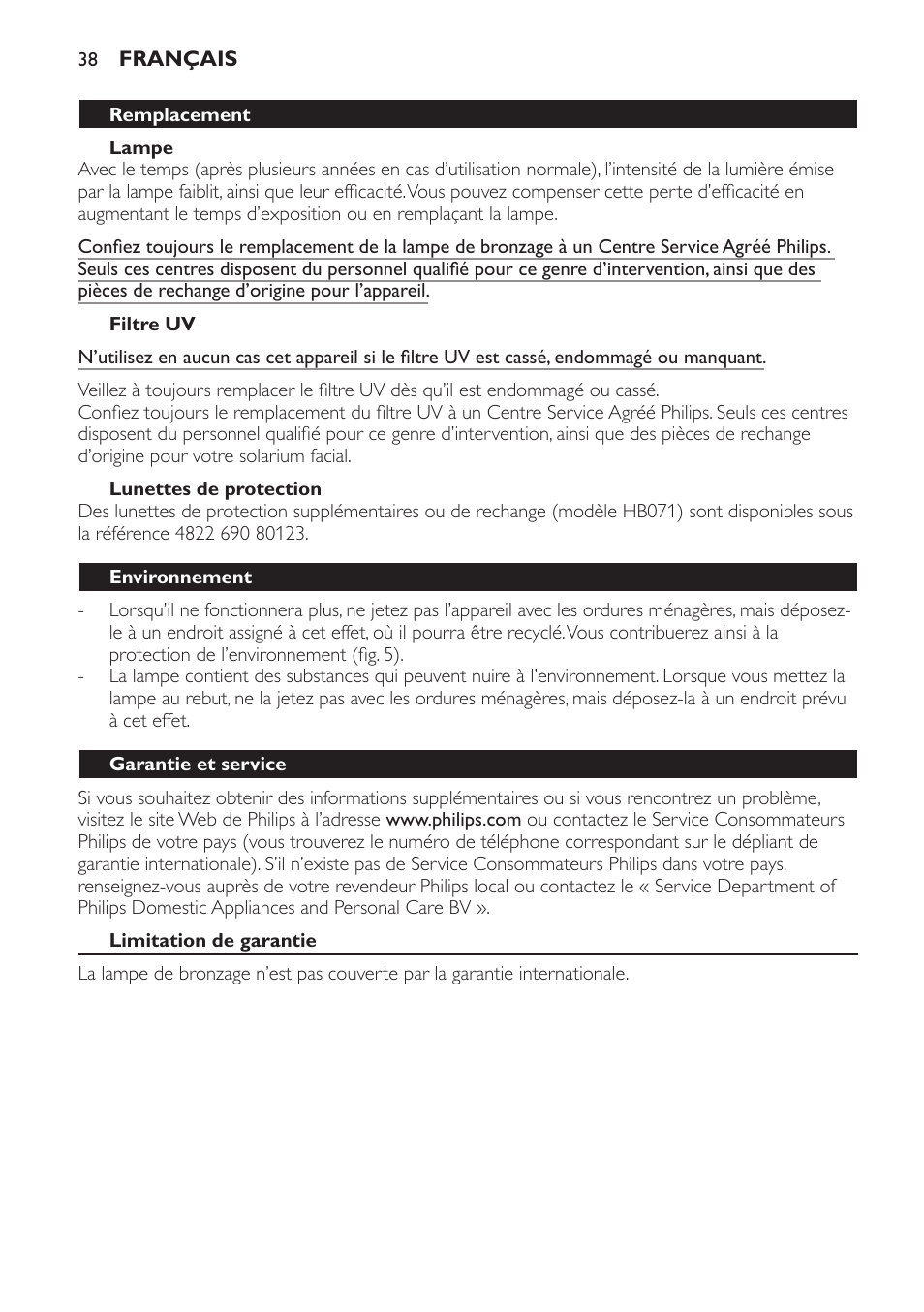 Lampe, Filtre uv, Lunettes de protection | Remplacement, Environnement, Garantie et service, Limitation de garantie, Dépannage | Philips Solárium de medio cuerpo User Manual | Page 38 / 76