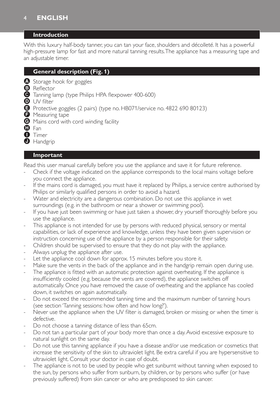 English, Introduction, General description (fig. 1) | Important | Philips Solárium de medio cuerpo User Manual | Page 4 / 76