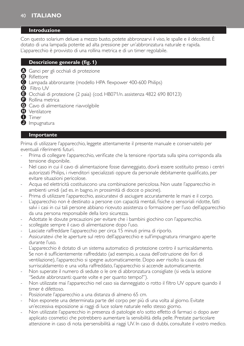 Italiano, Introduzione, Descrizione generale (fig. 1) | Importante | Philips Solárium de medio cuerpo User Manual | Page 40 / 76