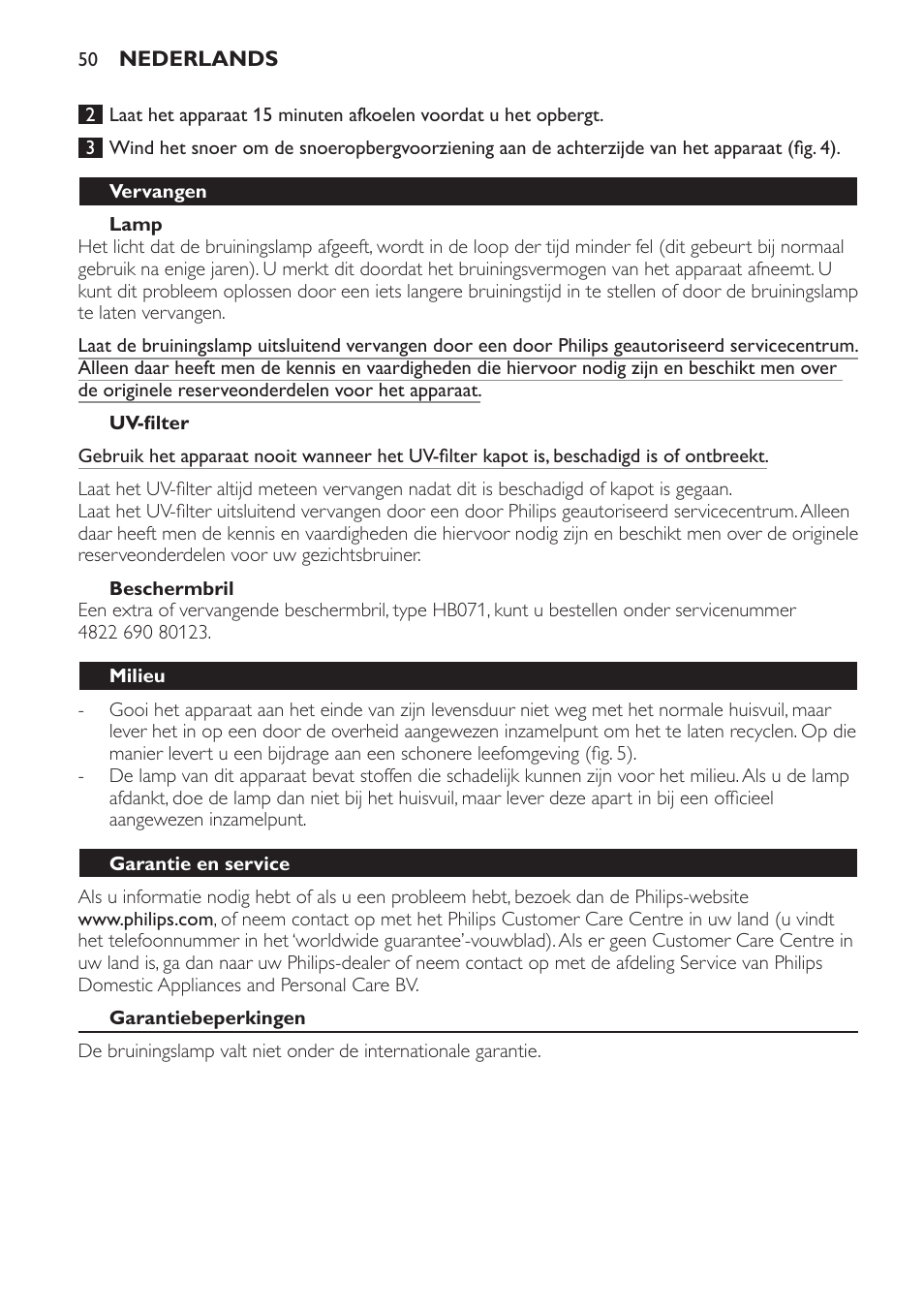 Lamp, Uv-filter, Beschermbril | Opbergen, Vervangen, Milieu, Garantie en service, Garantiebeperkingen | Philips Solárium de medio cuerpo User Manual | Page 50 / 76