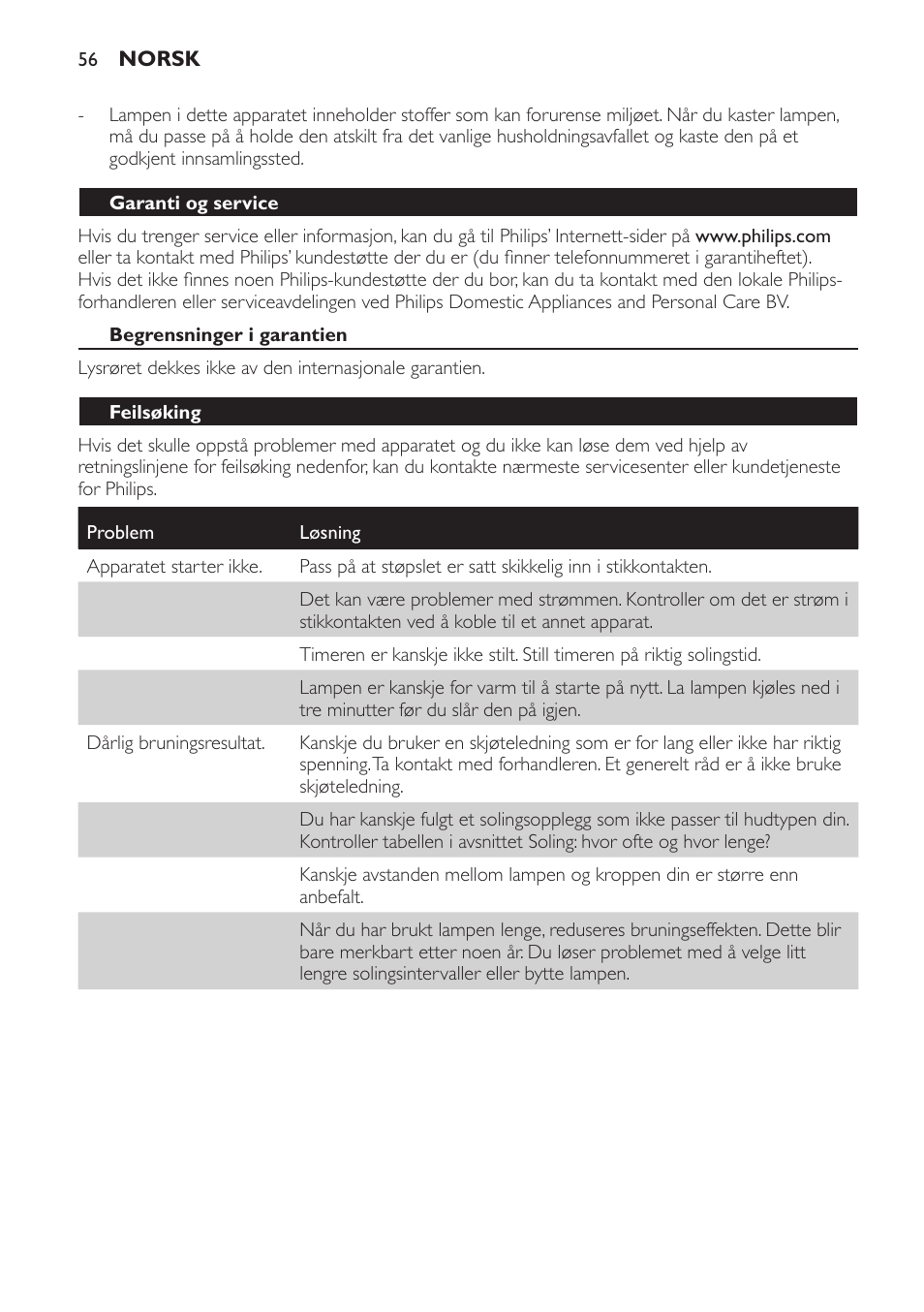 Garanti og service, Begrensninger i garantien, Feilsøking | Philips Solárium de medio cuerpo User Manual | Page 56 / 76