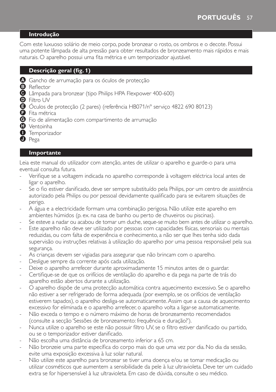 Português, Introdução, Descrição geral (fig. 1) | Importante | Philips Solárium de medio cuerpo User Manual | Page 57 / 76