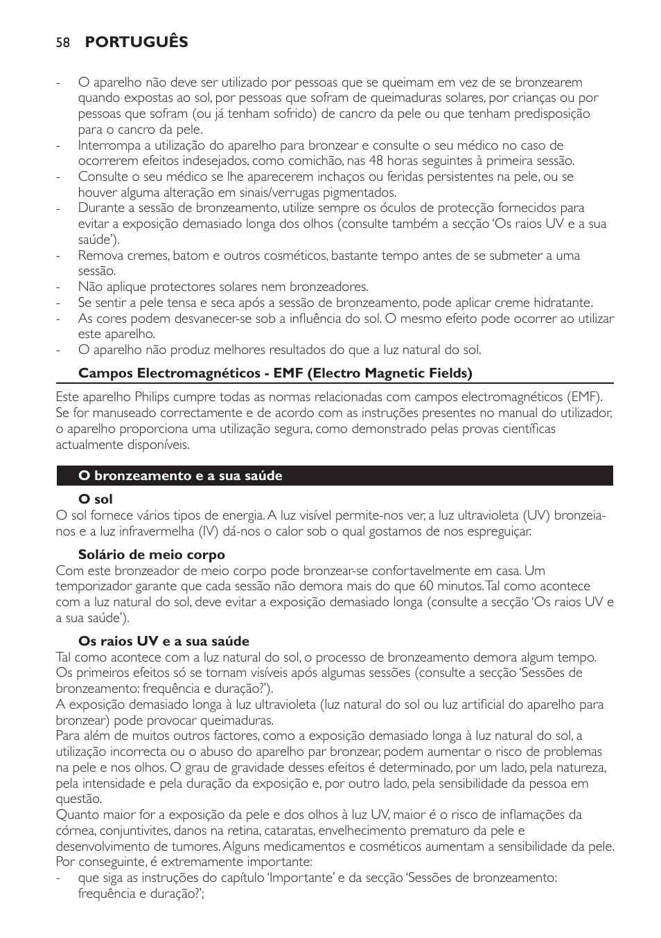 O sol, Solário de meio corpo, Os raios uv e a sua saúde | O bronzeamento e a sua saúde | Philips Solárium de medio cuerpo User Manual | Page 58 / 76