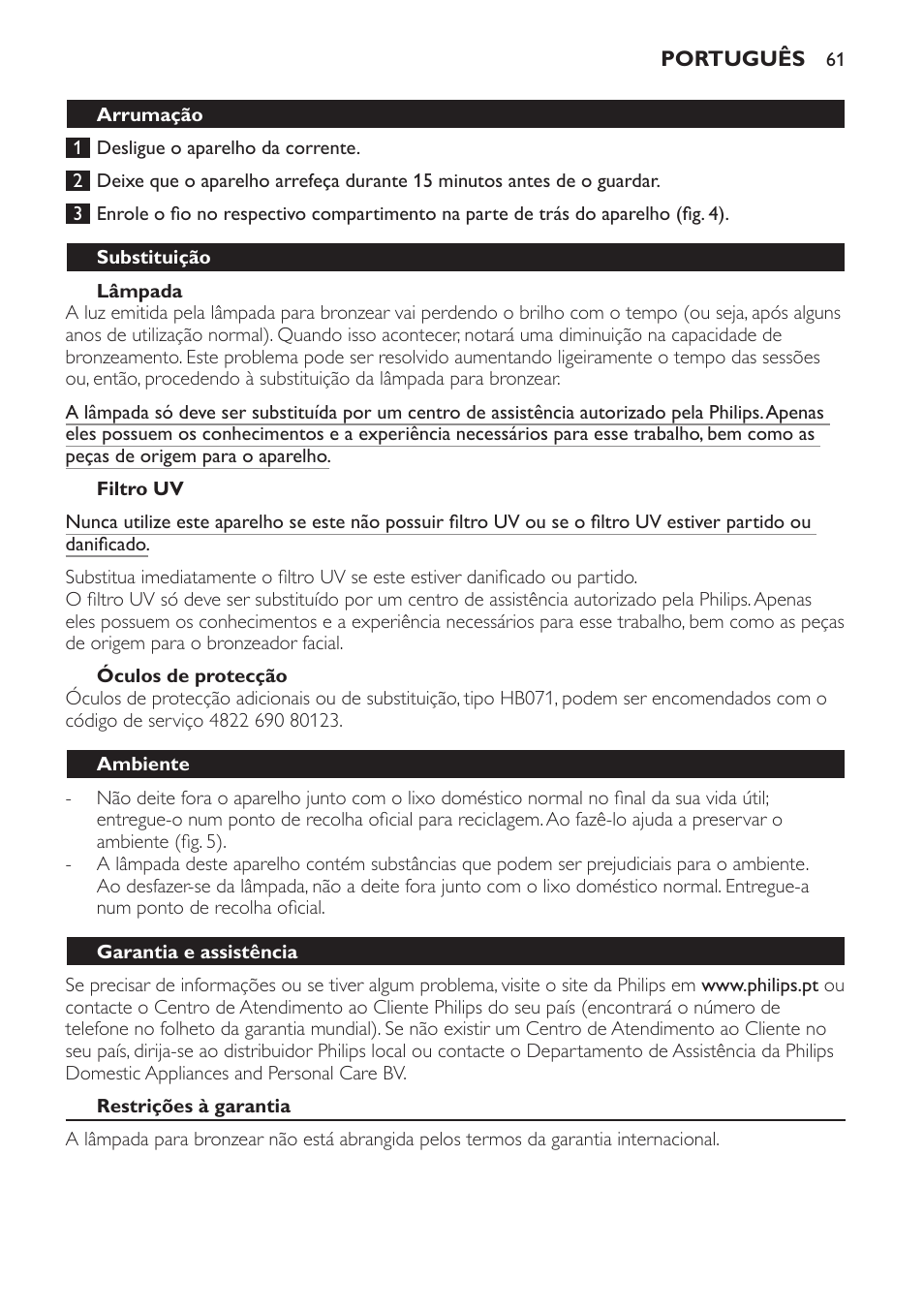 Lâmpada, Filtro uv, Óculos de protecção | Arrumação, Substituição, Ambiente, Garantia e assistência | Philips Solárium de medio cuerpo User Manual | Page 61 / 76