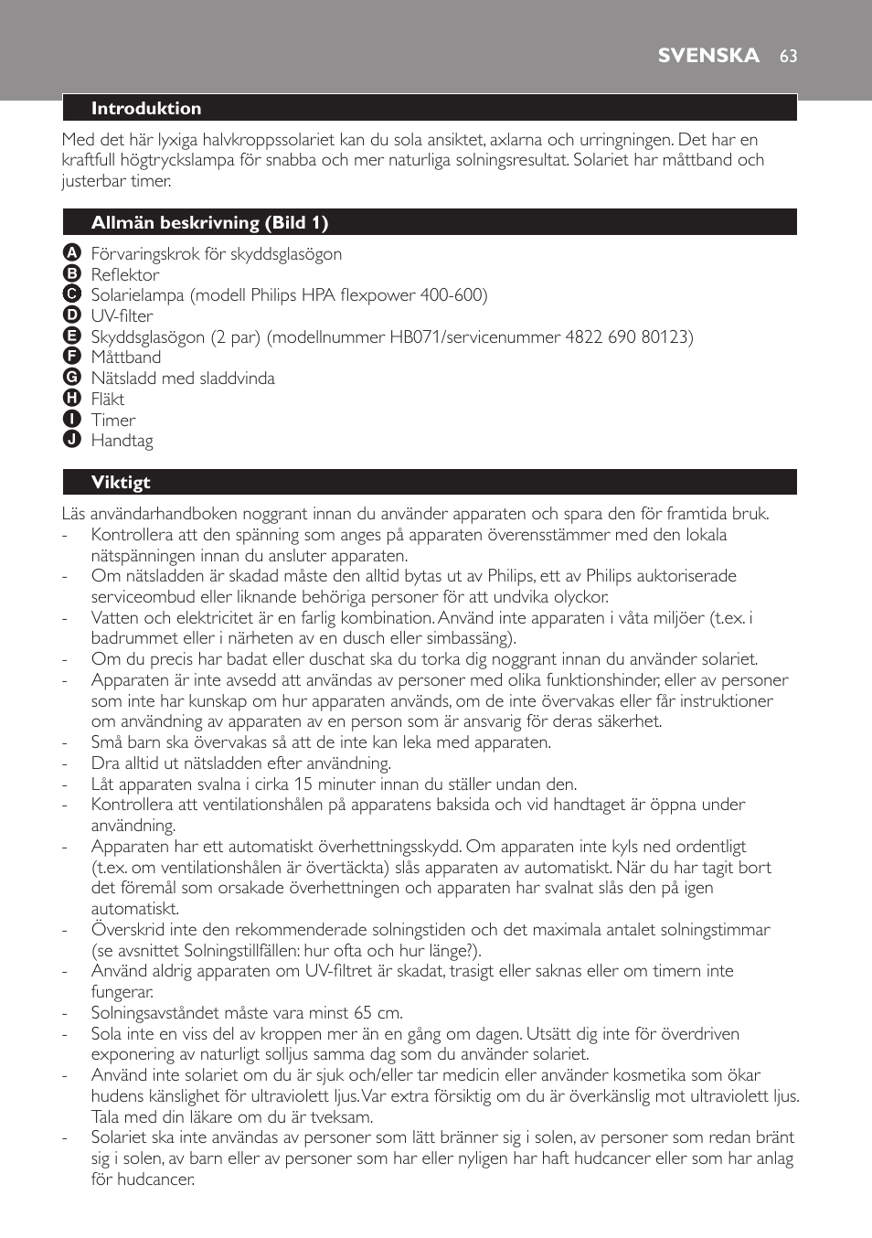 Svenska, Introduktion, Allmän beskrivning (bild 1) | Viktigt | Philips Solárium de medio cuerpo User Manual | Page 63 / 76