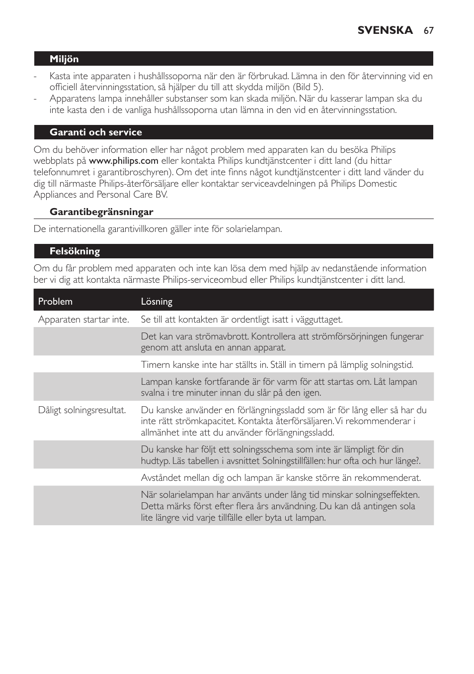 Miljön, Garanti och service, Garantibegränsningar | Felsökning | Philips Solárium de medio cuerpo User Manual | Page 67 / 76