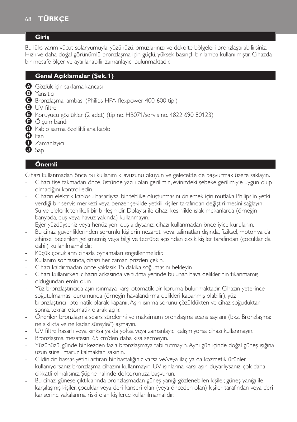 Türkçe, Giriş, Genel açıklamalar (şek. 1) | Önemli | Philips Solárium de medio cuerpo User Manual | Page 68 / 76