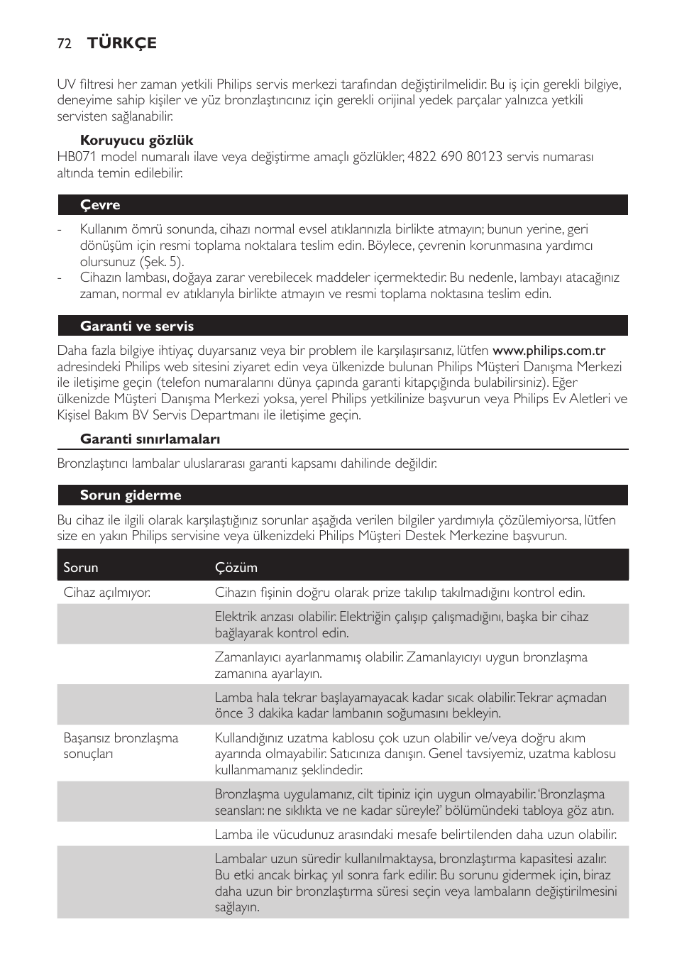 Koruyucu gözlük, Çevre, Garanti ve servis | Garanti sınırlamaları, Sorun giderme | Philips Solárium de medio cuerpo User Manual | Page 72 / 76