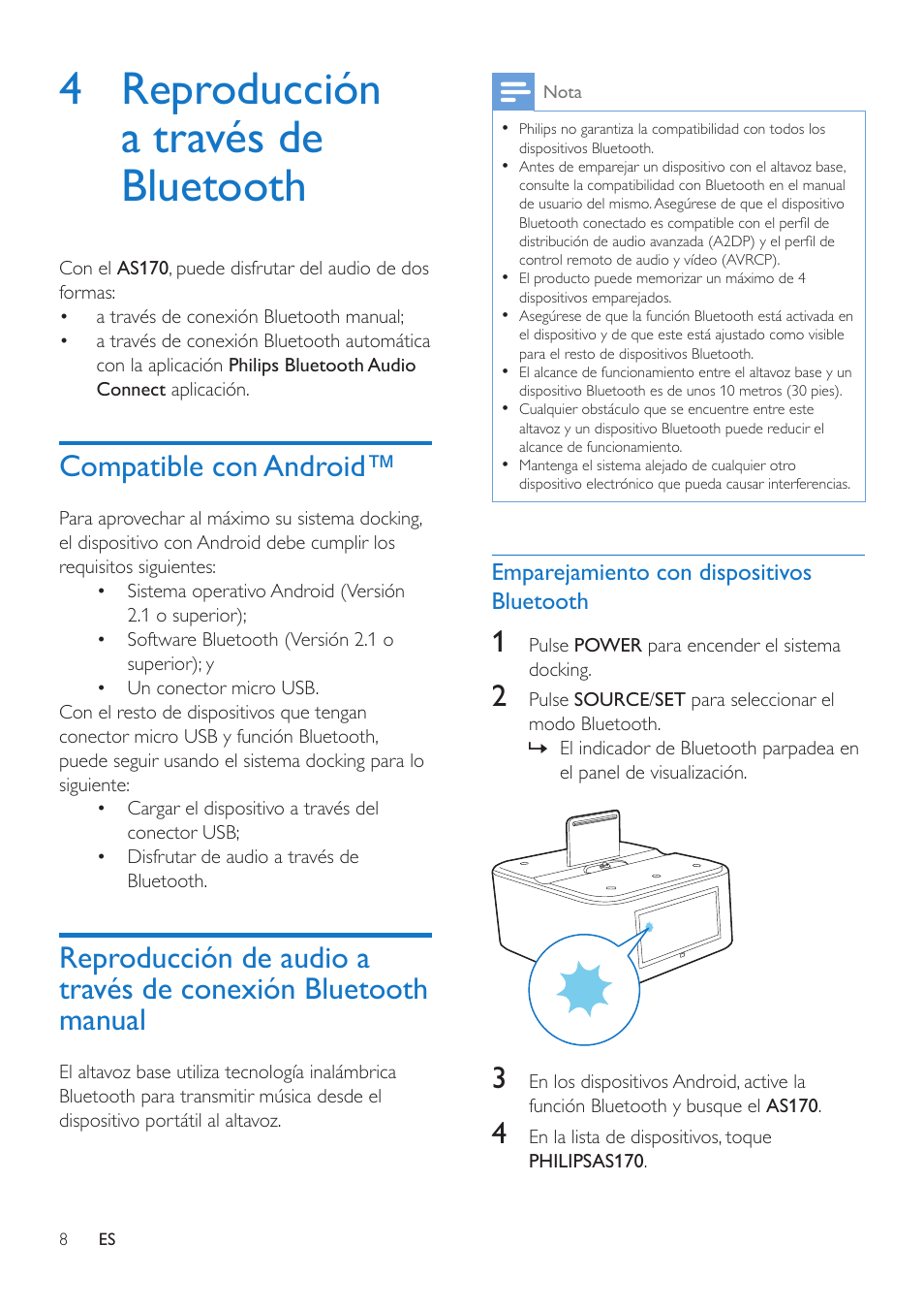 4 reproducción a través de bluetooth, Compatible con android, Emparejamiento con dispositivos bluetooth | Reproducción de audio a través de, Conexión bluetooth manual | Philips altavoz base inalámbrico User Manual | Page 10 / 26