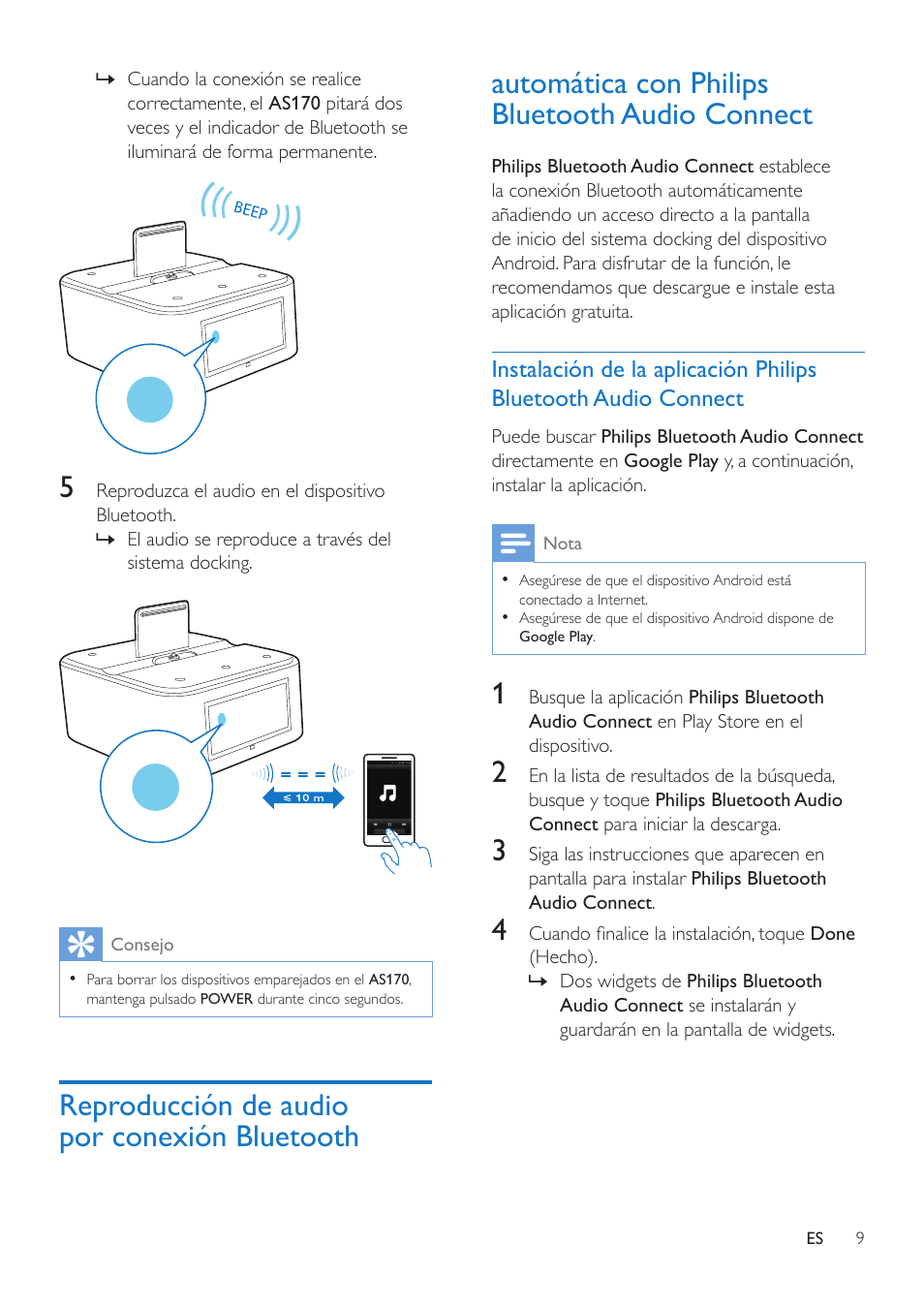 Reproducción de audio por conexión, Bluetooth automática con philips, Bluetooth audio connect | Philips altavoz base inalámbrico User Manual | Page 11 / 26