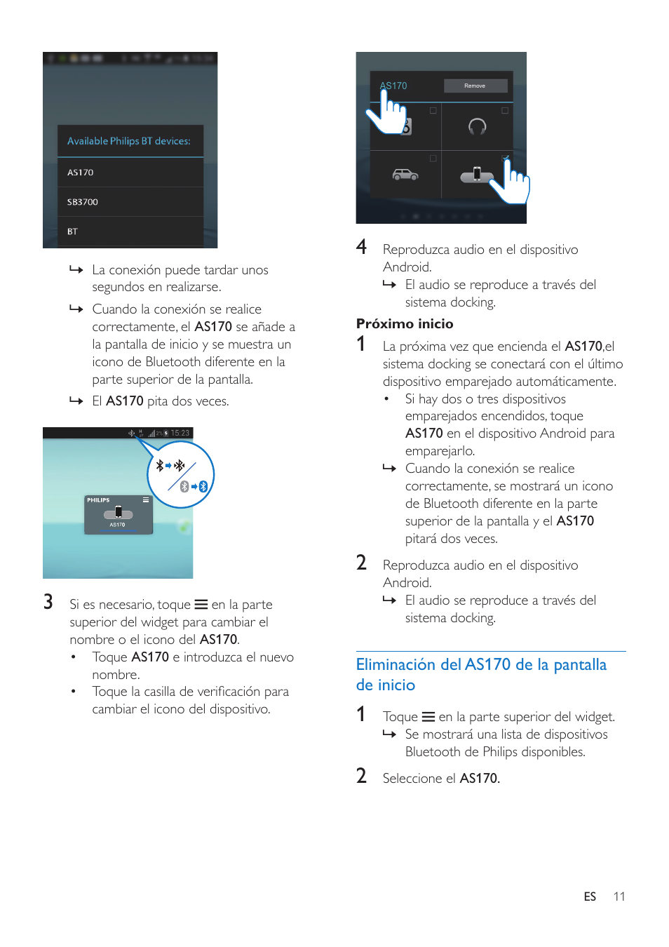 Próximo inicio, Eliminación del as170 de la pantalla de inicio | Philips altavoz base inalámbrico User Manual | Page 13 / 26