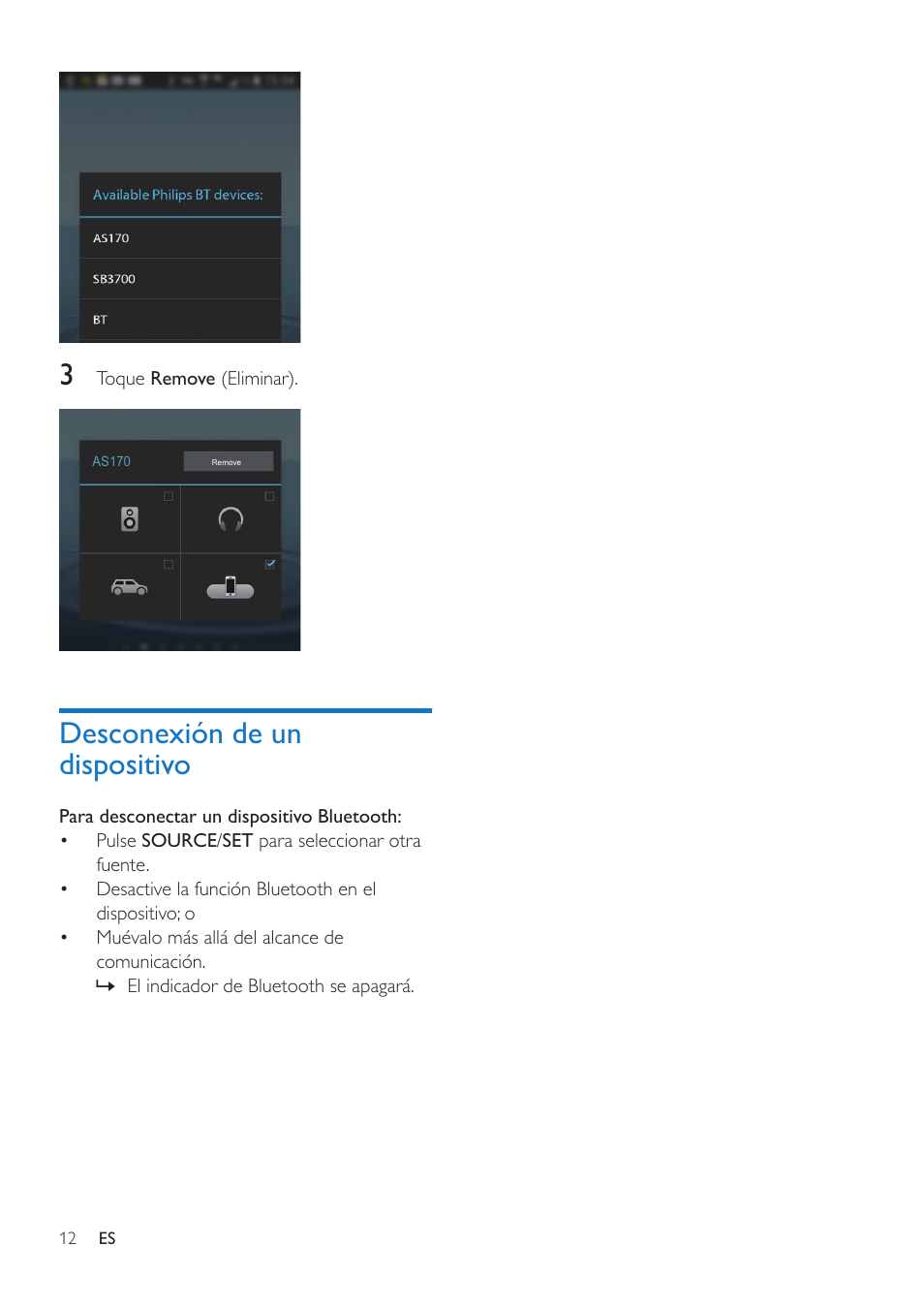 Desconexión de un dispositivo | Philips altavoz base inalámbrico User Manual | Page 14 / 26