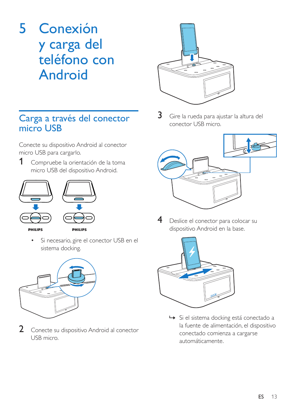 5 conexión y carga del teléfono con android, Carga a través del conector micro usb, 5 conexión y carga del teléfono | Con android, Carga a través del conector micro usb 13 | Philips altavoz base inalámbrico User Manual | Page 15 / 26