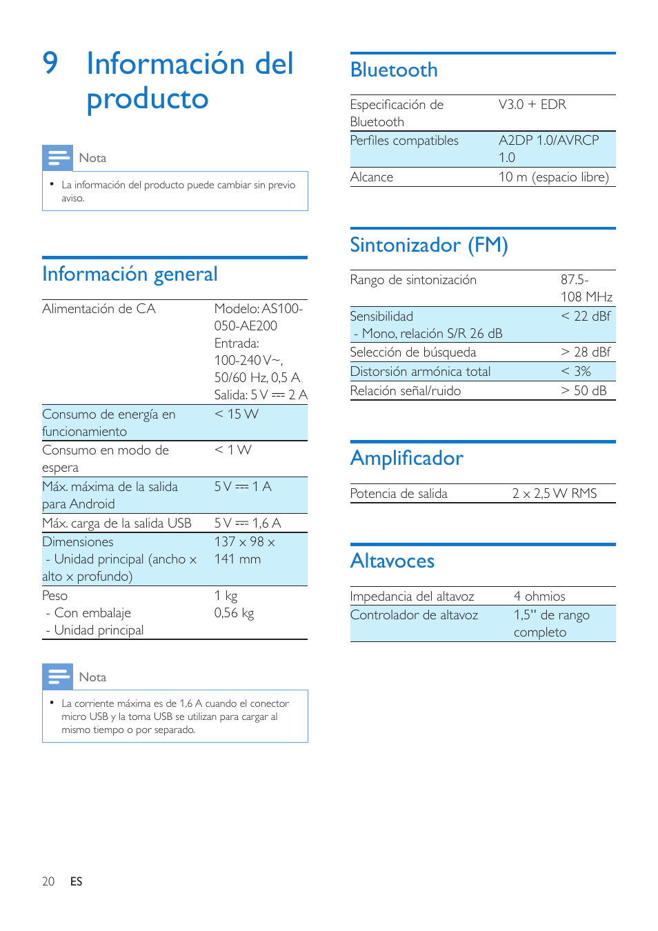 9 información del producto, Información general, Bluetooth | Sintonizador (fm), Amplificador, Altavoces, Bluetooth 20, Altavoces 20 | Philips altavoz base inalámbrico User Manual | Page 22 / 26