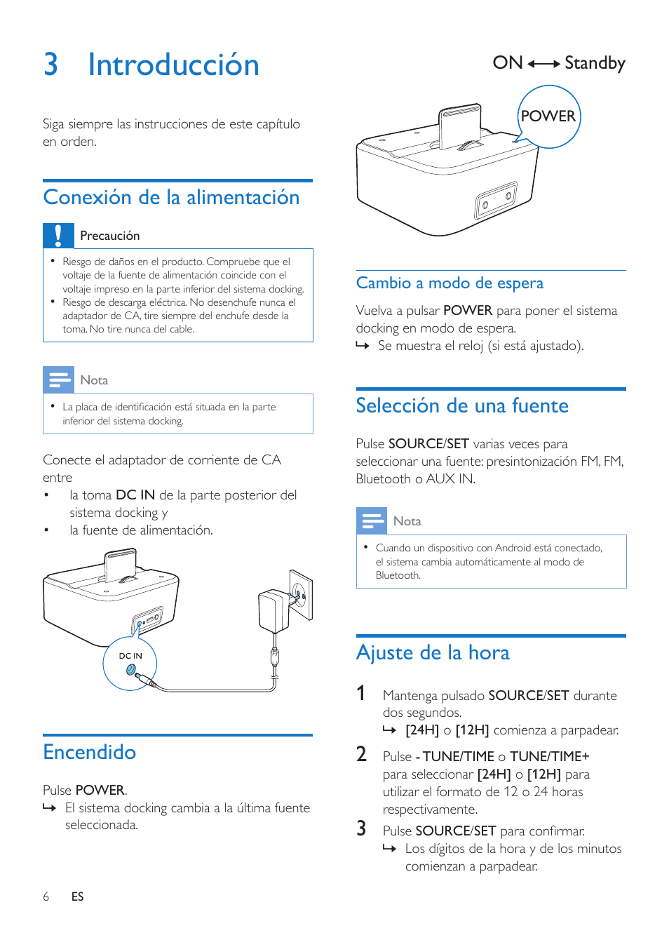 3 introducción, Conexión de la alimentación, Encendido | Cambio a modo de espera, Selección de una fuente, Ajuste de la hora, Encendido 6 | Philips altavoz base inalámbrico User Manual | Page 8 / 26