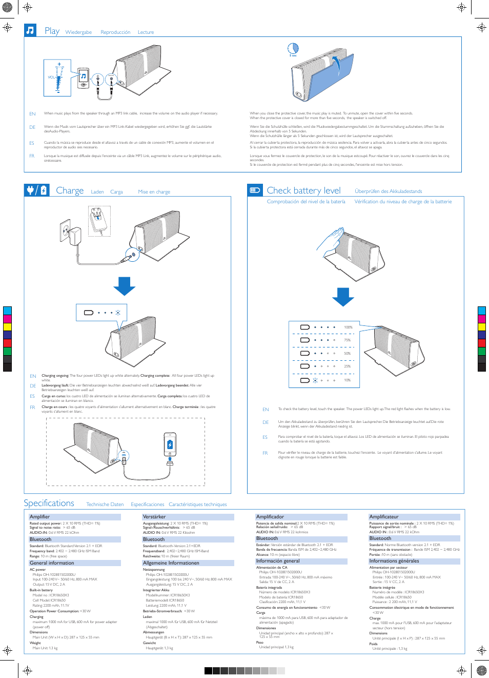 Charge check battery level, Play, Specifications | Philips Fidelio altavoz portátil inalámbrico User Manual | Page 2 / 2