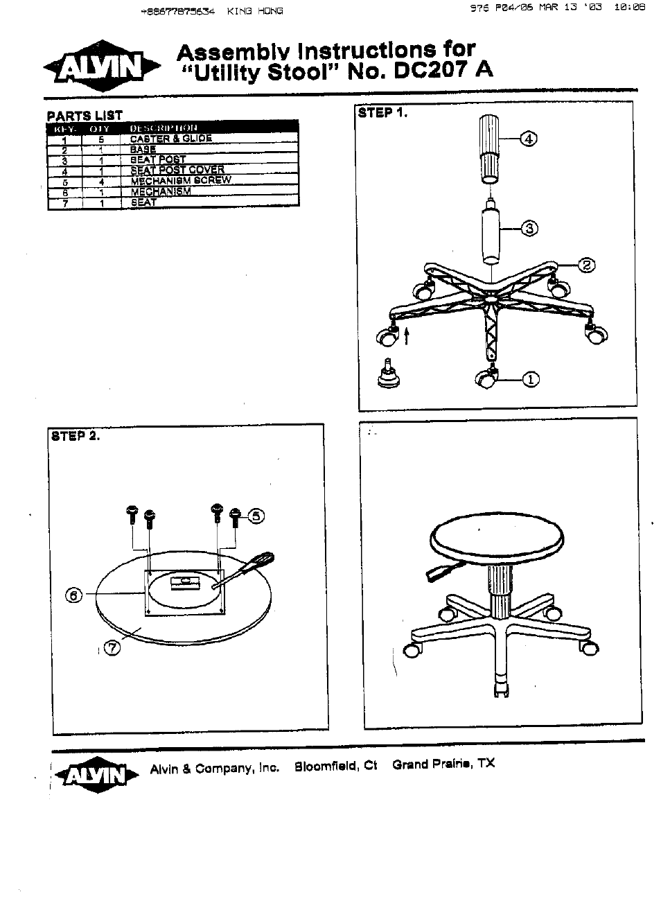 Alvin Utility Stool DC207A User Manual | 1 page