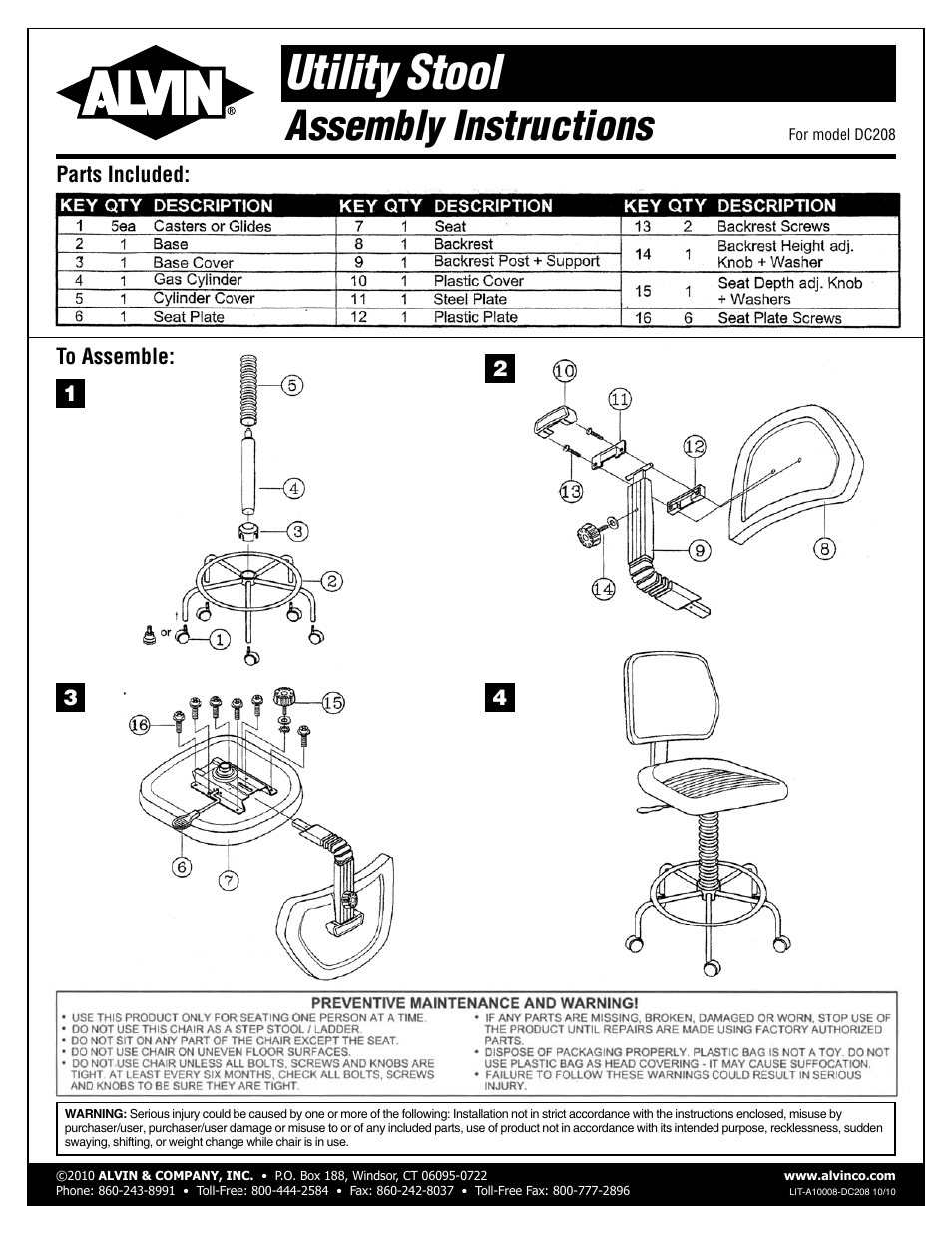 Alvin Urethane Utility Stool DC208 User Manual | 1 page