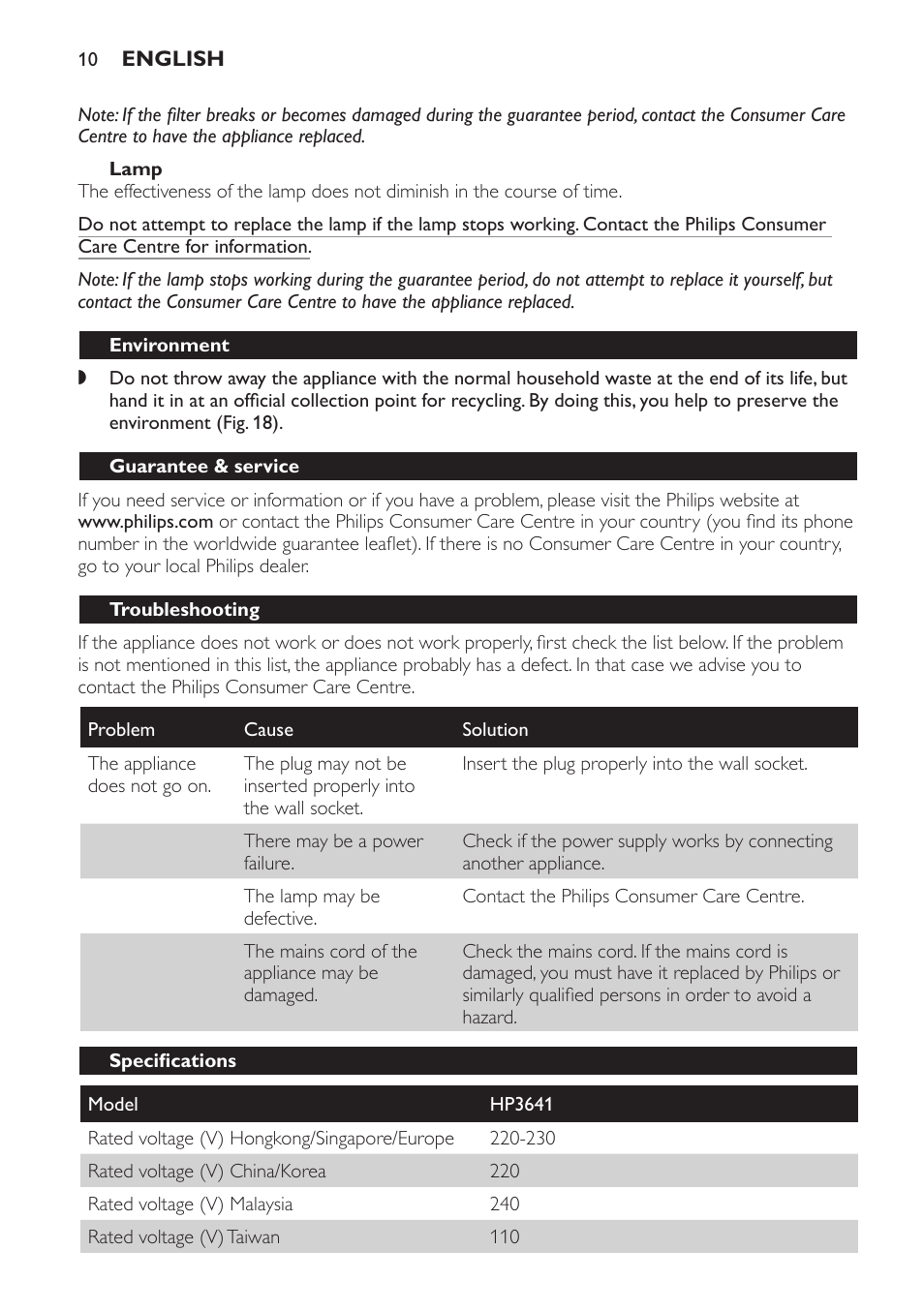 Lamp, Environment, Guarantee & service | Troubleshooting, Specifications | Philips Lámpara de infrarrojos InfraCare User Manual | Page 10 / 96