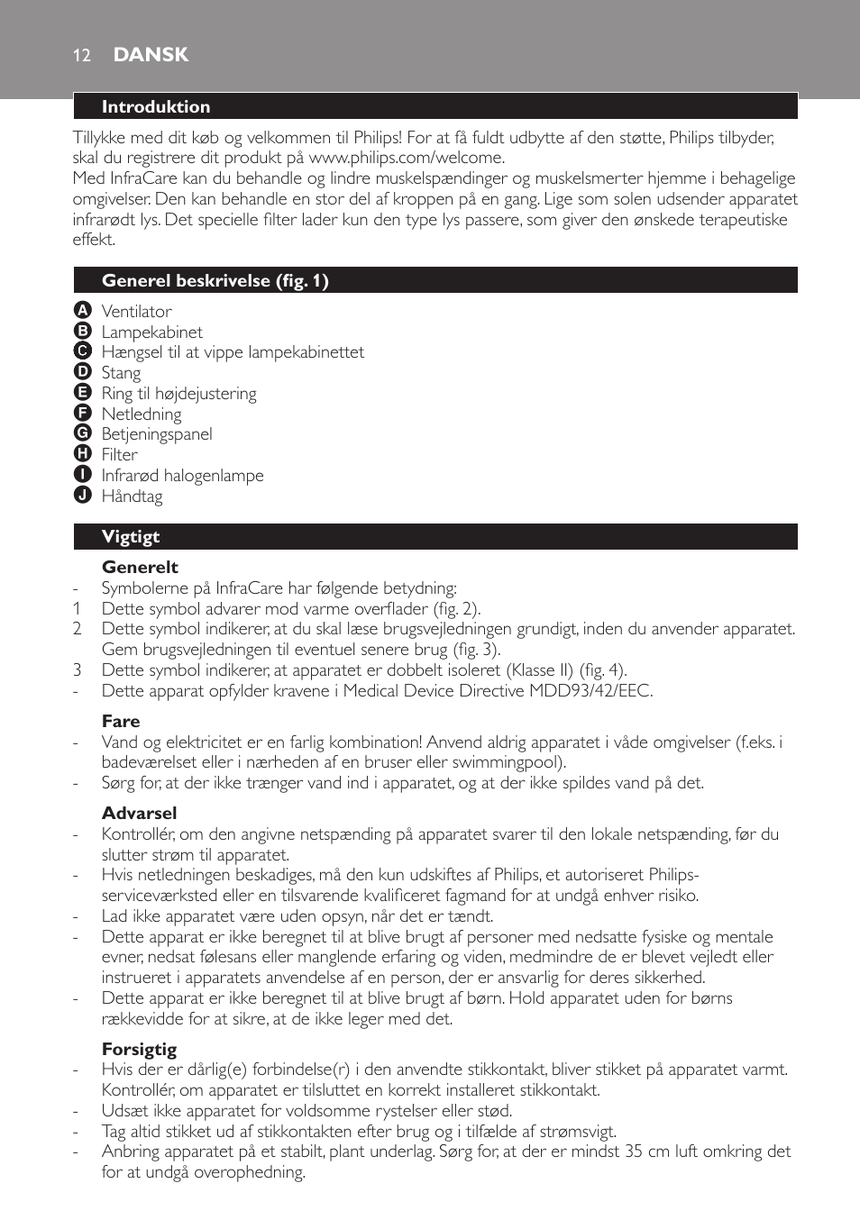 Generelt, Fare, Advarsel | Forsigtig, Dansk, Introduktion, Generel beskrivelse (fig. 1), Vigtigt | Philips Lámpara de infrarrojos InfraCare User Manual | Page 12 / 96