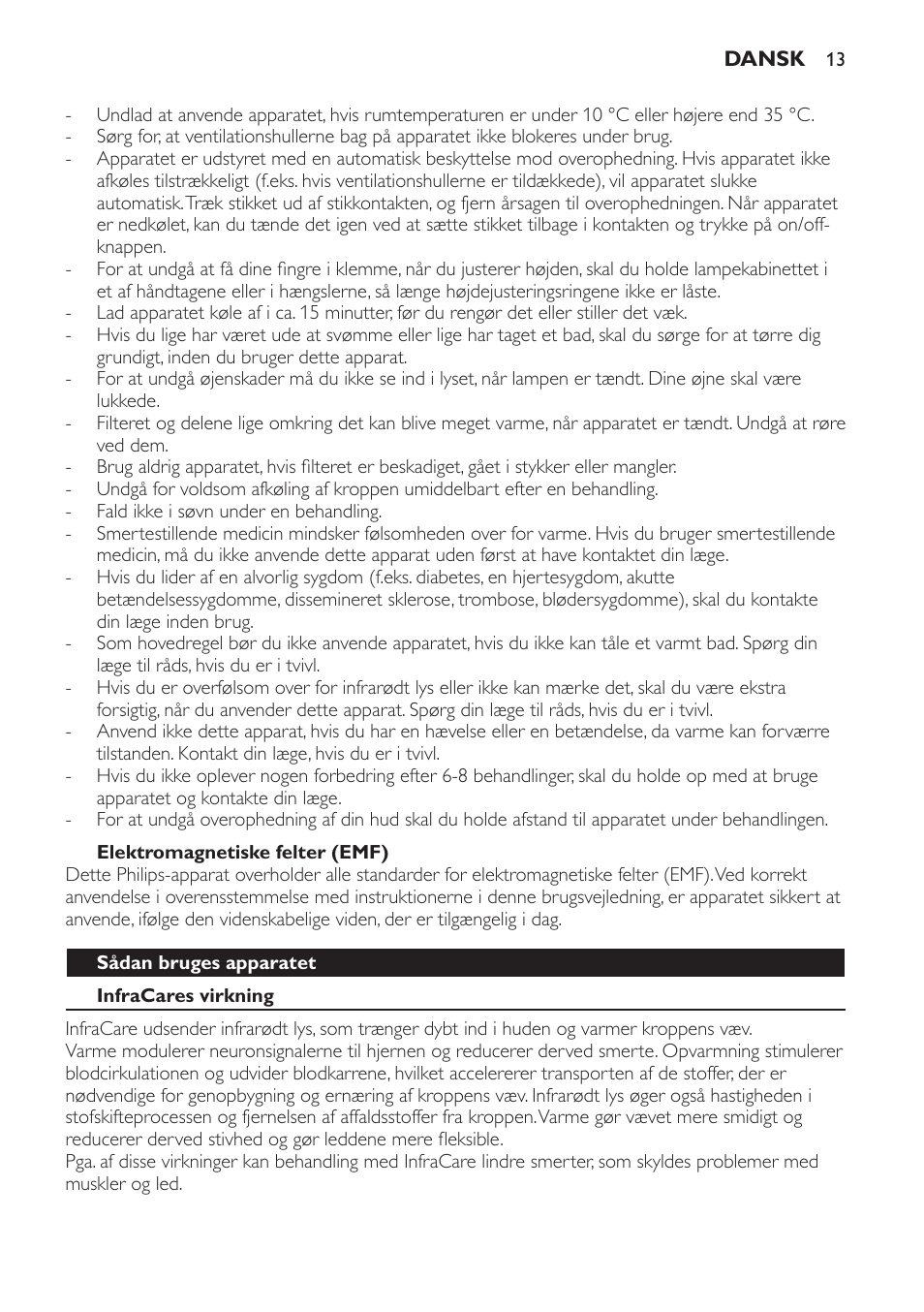 Elektromagnetiske felter (emf), Sådan bruges apparatet, Infracares virkning | Philips Lámpara de infrarrojos InfraCare User Manual | Page 13 / 96