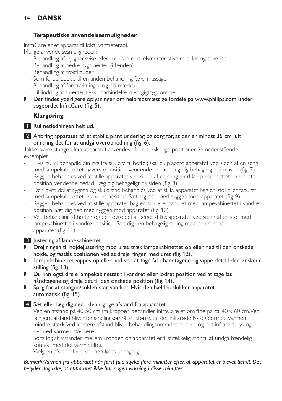 Terapeutiske anvendelsesmuligheder, Klargøring | Philips Lámpara de infrarrojos InfraCare User Manual | Page 14 / 96