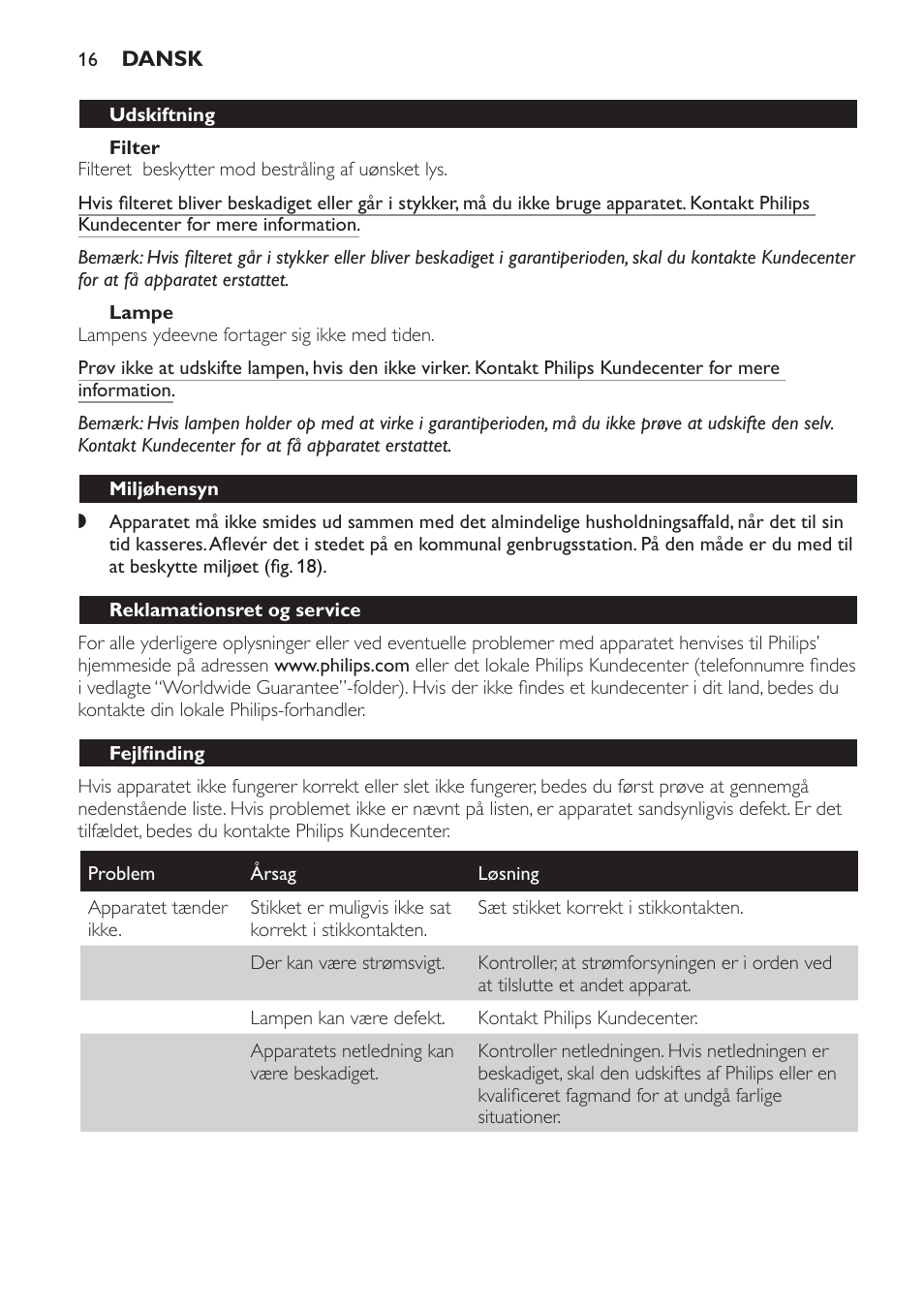 Filter, Lampe, Udskiftning | Miljøhensyn, Reklamationsret og service, Fejlfinding | Philips Lámpara de infrarrojos InfraCare User Manual | Page 16 / 96