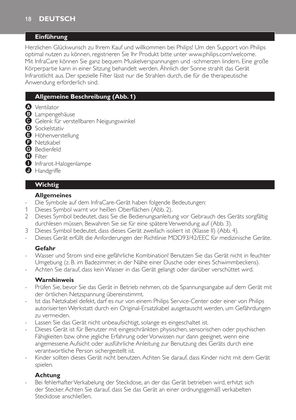 Allgemeines, Gefahr, Warnhinweis | Achtung, Deutsch, Einführung, Allgemeine beschreibung (abb. 1), Wichtig | Philips Lámpara de infrarrojos InfraCare User Manual | Page 18 / 96