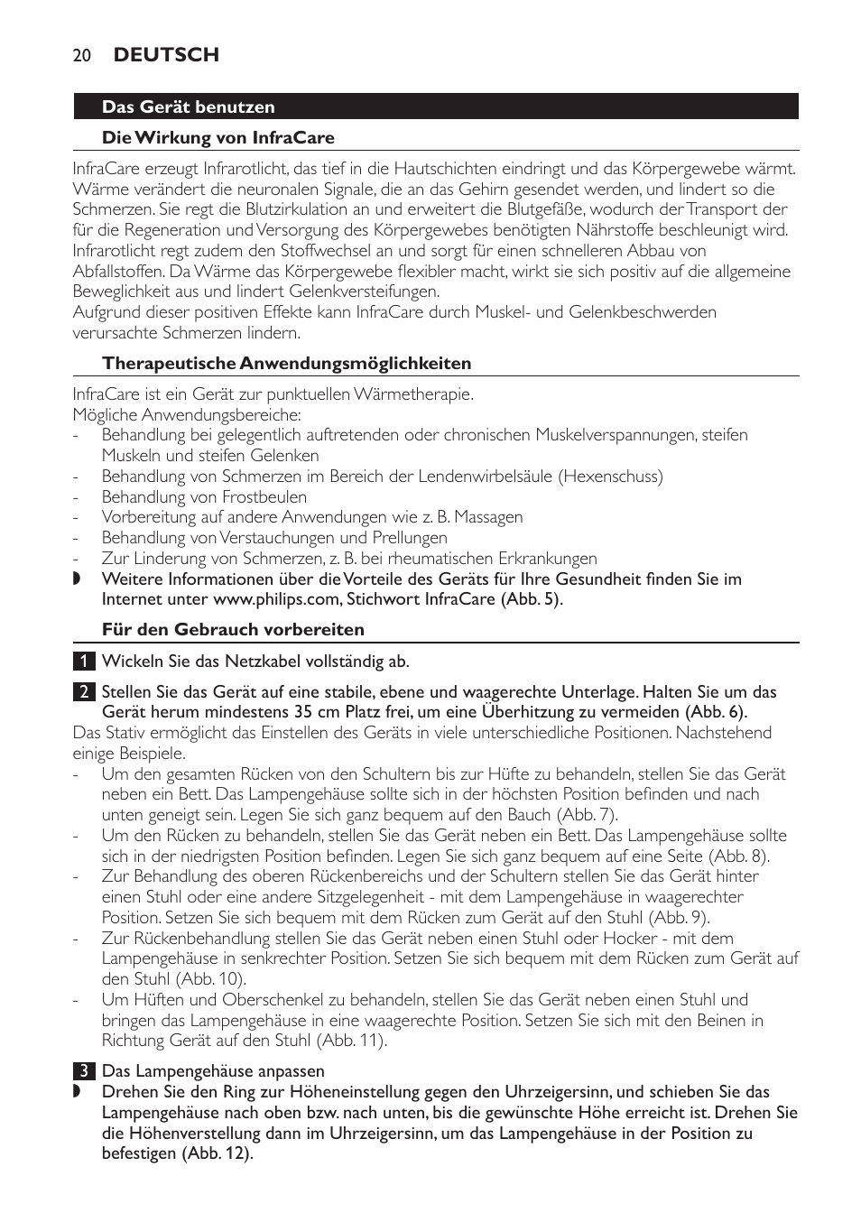 Therapeutische anwendungsmöglichkeiten, Für den gebrauch vorbereiten | Philips Lámpara de infrarrojos InfraCare User Manual | Page 20 / 96