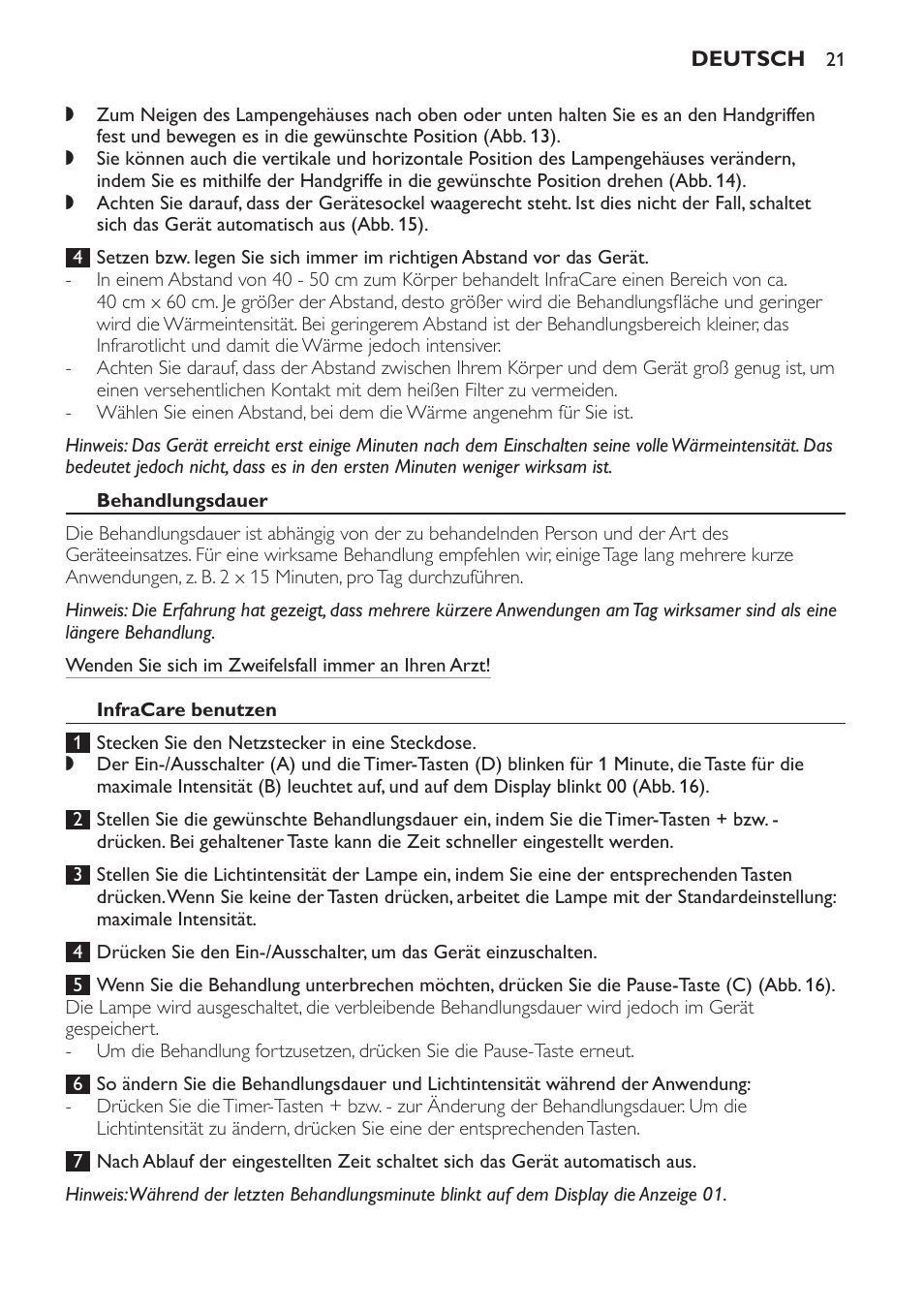 Behandlungsdauer, Infracare benutzen, Reinigung | Philips Lámpara de infrarrojos InfraCare User Manual | Page 21 / 96