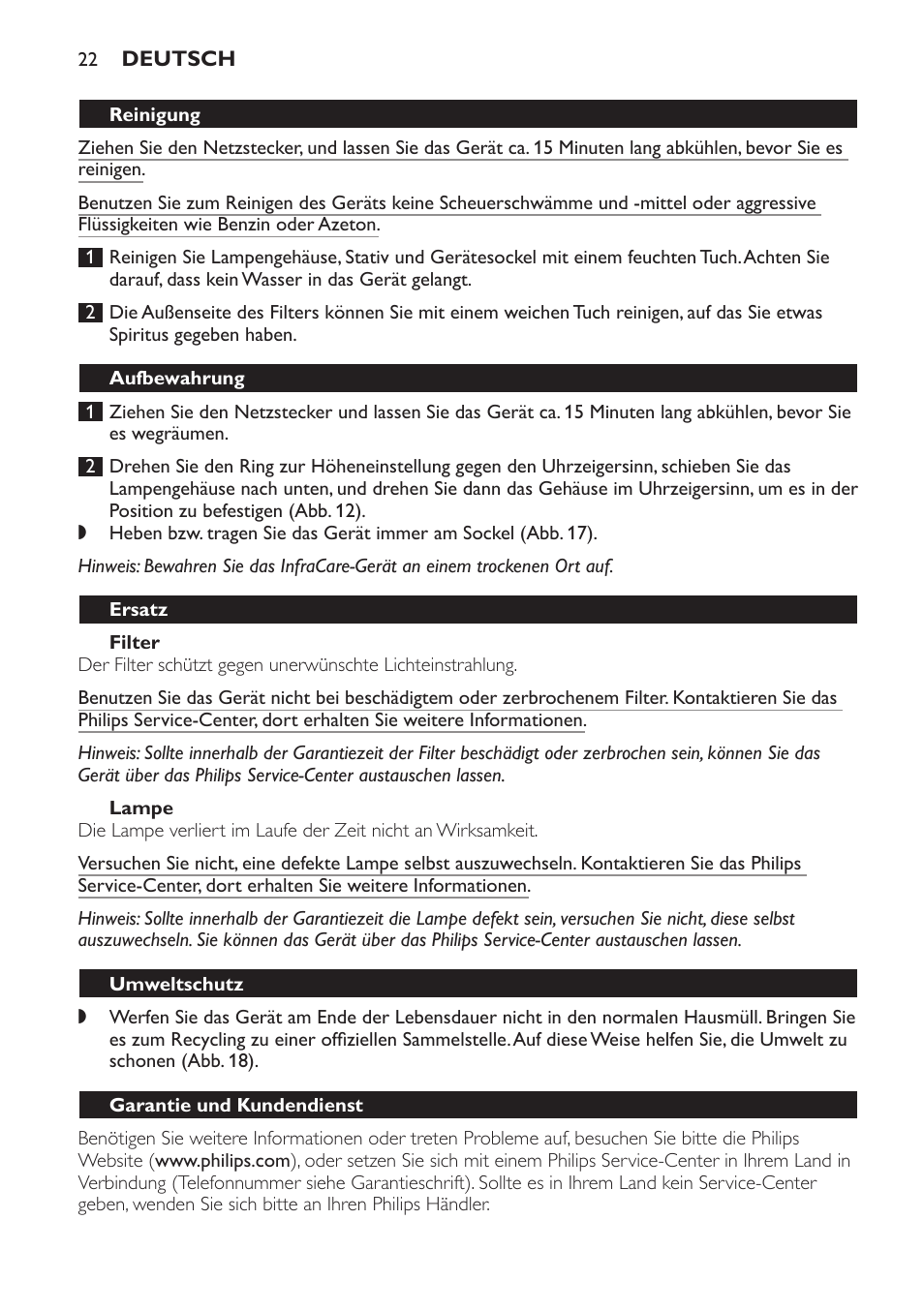 Filter, Lampe, Aufbewahrung | Ersatz, Umweltschutz, Garantie und kundendienst, Fehlerbehebung | Philips Lámpara de infrarrojos InfraCare User Manual | Page 22 / 96