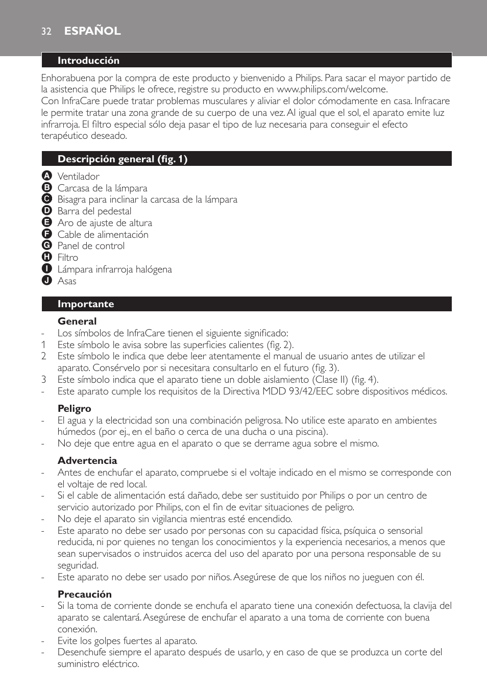 General, Peligro, Advertencia | Precaución, Español, Introducción, Descripción general (fig. 1), Importante | Philips Lámpara de infrarrojos InfraCare User Manual | Page 32 / 96