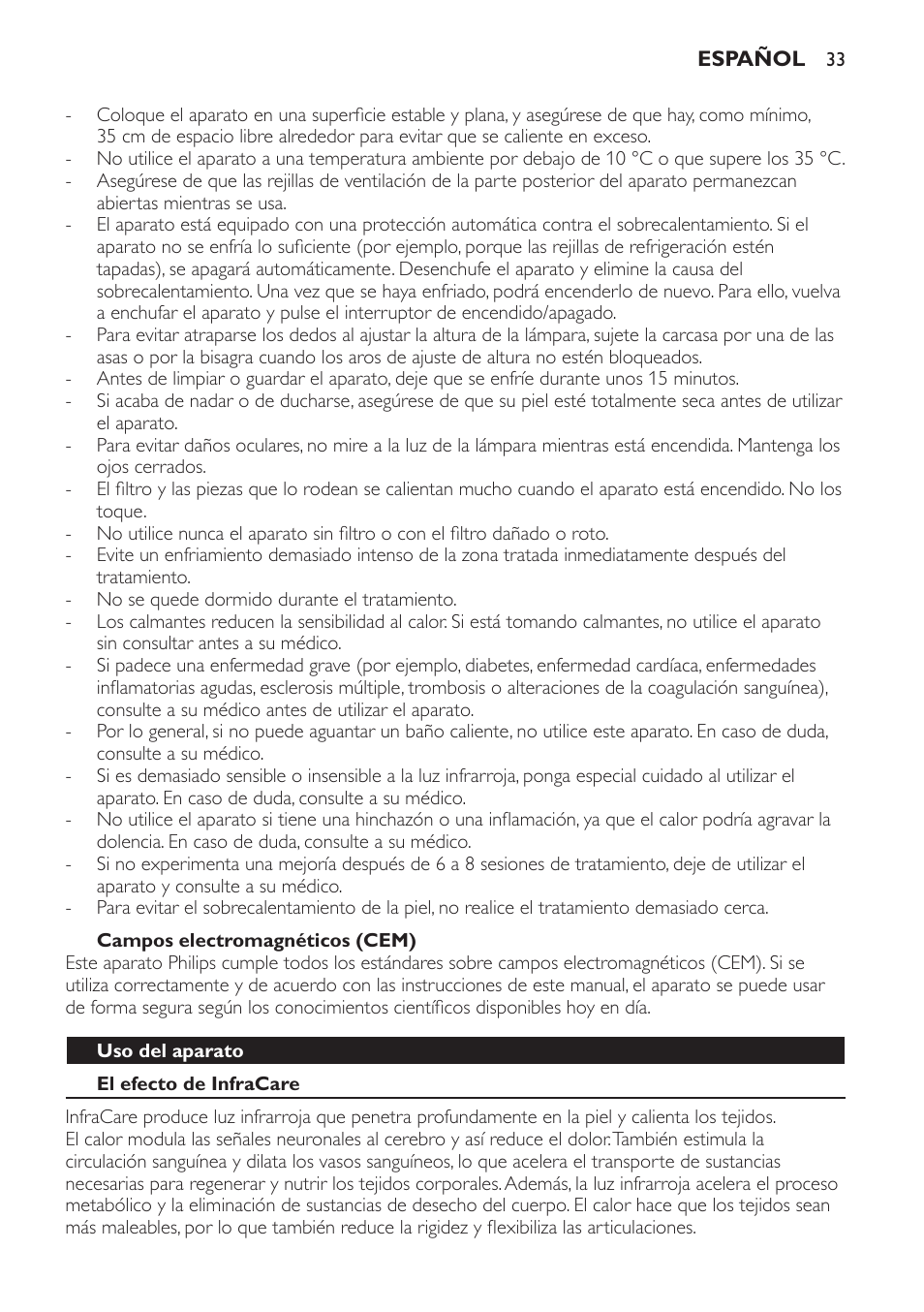 Campos electromagnéticos (cem), Uso del aparato, El efecto de infracare | Philips Lámpara de infrarrojos InfraCare User Manual | Page 33 / 96