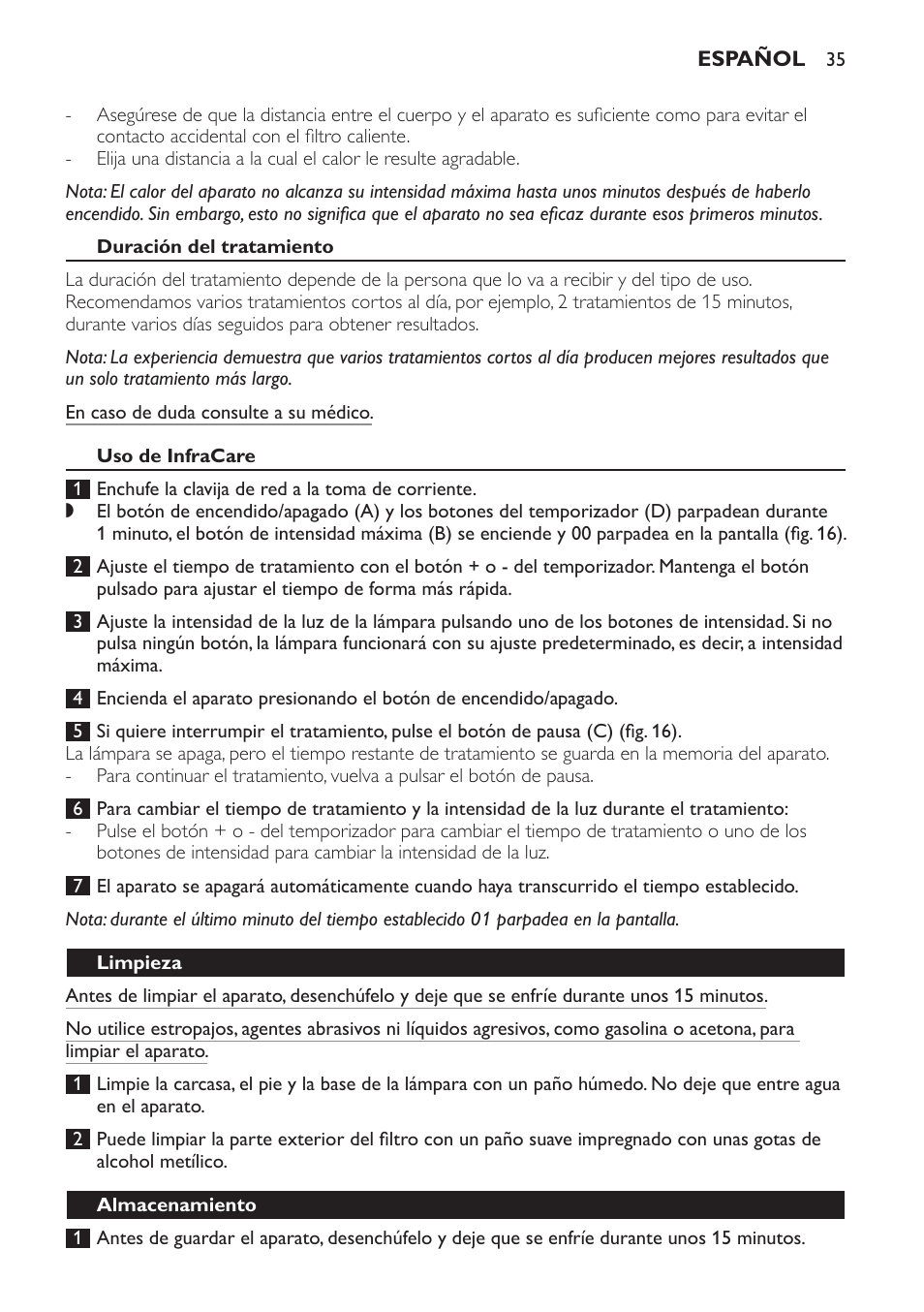 Duración del tratamiento, Uso de infracare, Limpieza | Almacenamiento | Philips Lámpara de infrarrojos InfraCare User Manual | Page 35 / 96