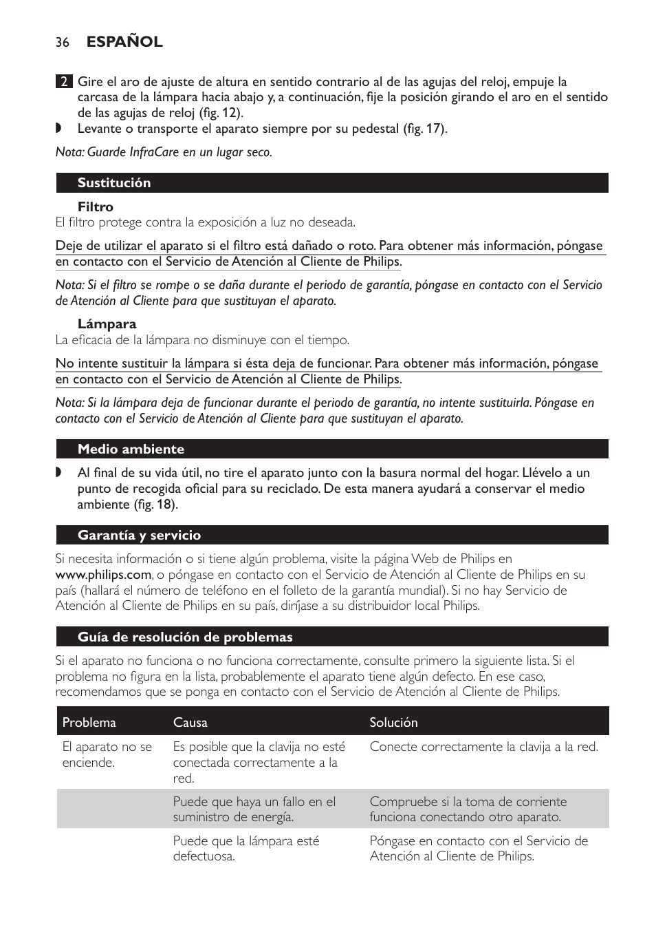 Filtro, Lámpara, Sustitución | Medio ambiente, Garantía y servicio, Guía de resolución de problemas | Philips Lámpara de infrarrojos InfraCare User Manual | Page 36 / 96