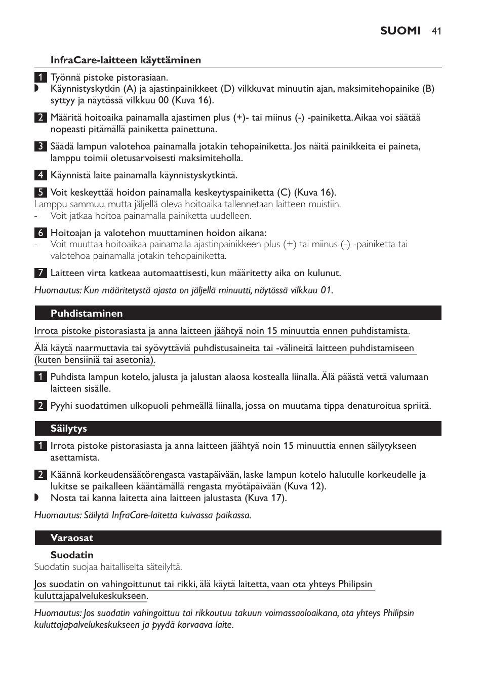 Suodatin, Lamppu, Puhdistaminen | Säilytys, Varaosat | Philips Lámpara de infrarrojos InfraCare User Manual | Page 41 / 96