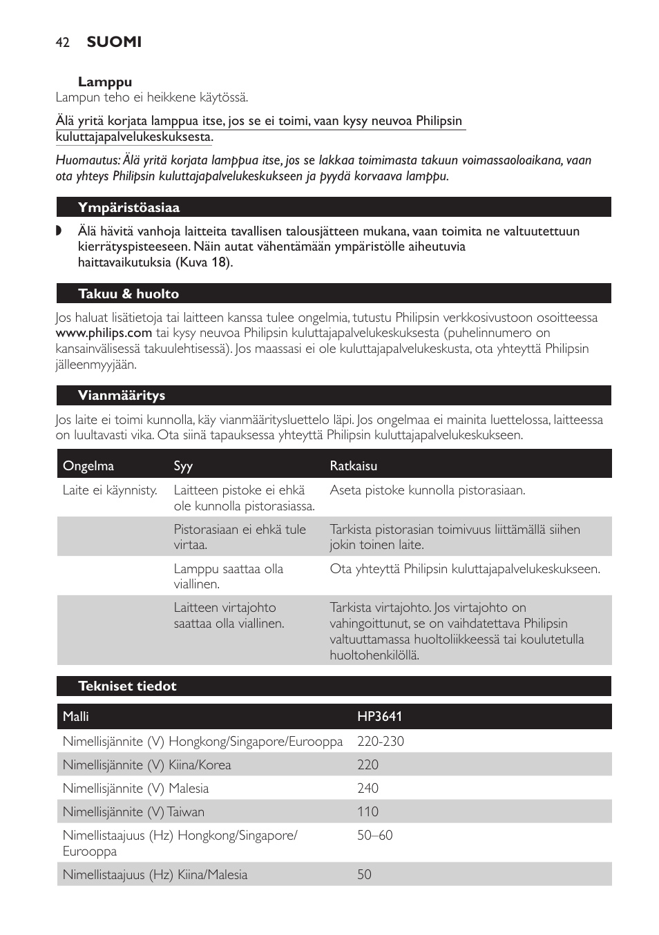 Ympäristöasiaa, Takuu & huolto, Vianmääritys | Tekniset tiedot | Philips Lámpara de infrarrojos InfraCare User Manual | Page 42 / 96