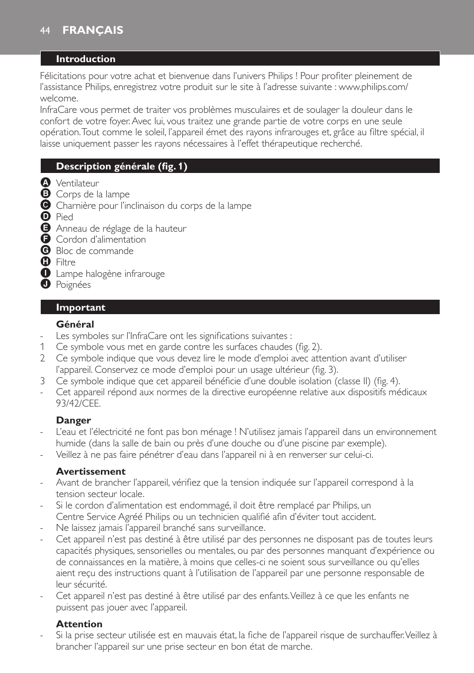 Général, Danger, Avertissement | Attention, Français, Introduction, Description générale (fig. 1), Important | Philips Lámpara de infrarrojos InfraCare User Manual | Page 44 / 96