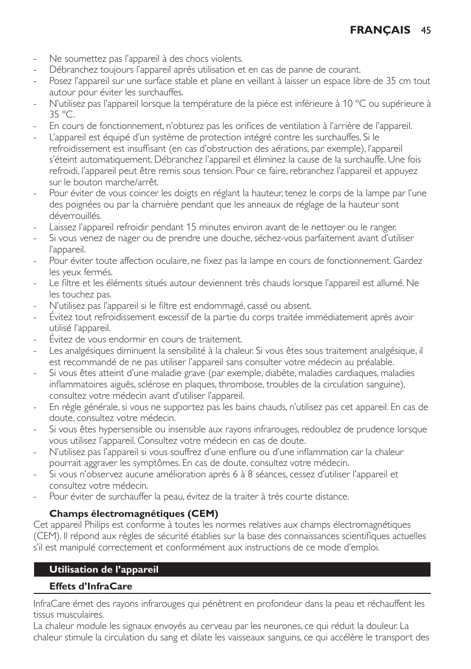 Champs électromagnétiques (cem), Utilisation de l’appareil, Effets d’infracare | Philips Lámpara de infrarrojos InfraCare User Manual | Page 45 / 96