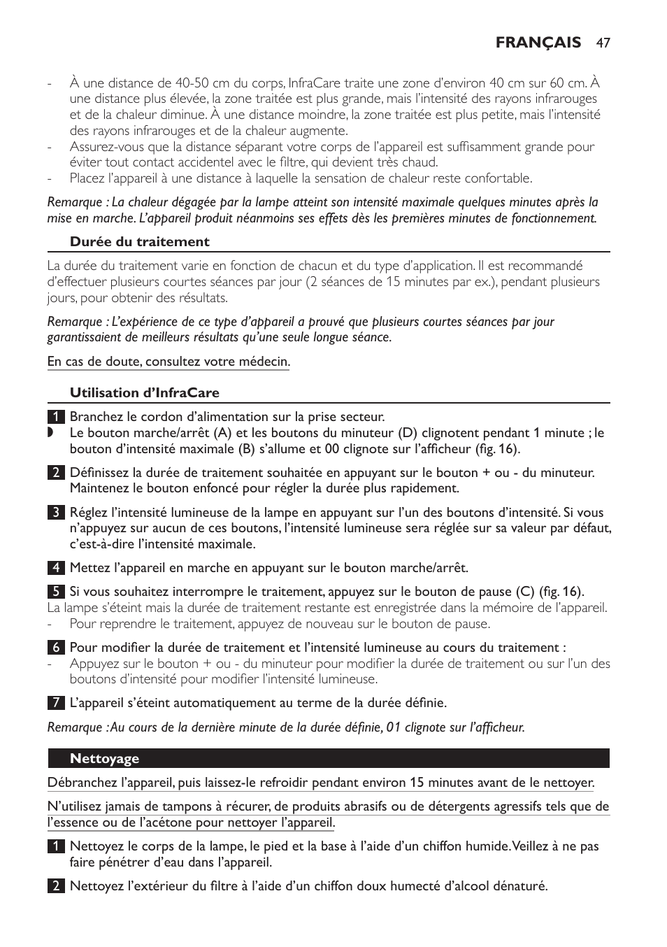 Durée du traitement, Utilisation d’infracare, Nettoyage | Philips Lámpara de infrarrojos InfraCare User Manual | Page 47 / 96