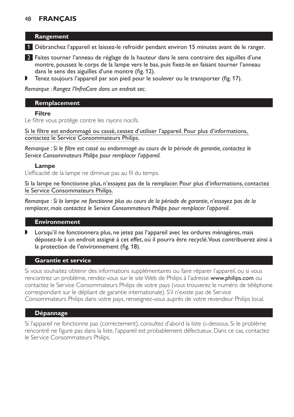 Filtre, Lampe, Rangement | Remplacement, Environnement, Garantie et service, Dépannage | Philips Lámpara de infrarrojos InfraCare User Manual | Page 48 / 96