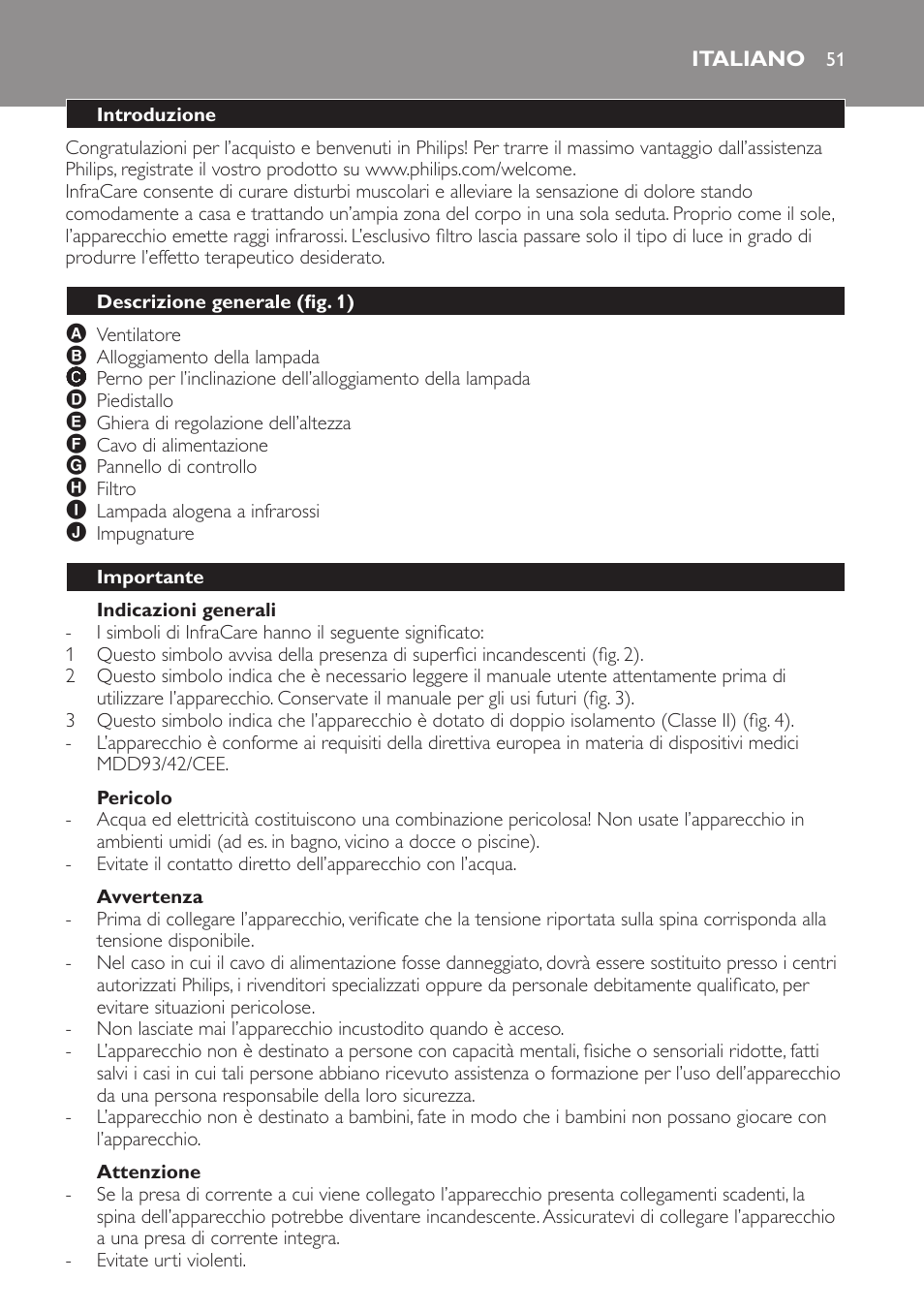 Indicazioni generali, Pericolo, Avvertenza | Attenzione, Italiano, Introduzione, Descrizione generale (fig. 1), Importante | Philips Lámpara de infrarrojos InfraCare User Manual | Page 51 / 96