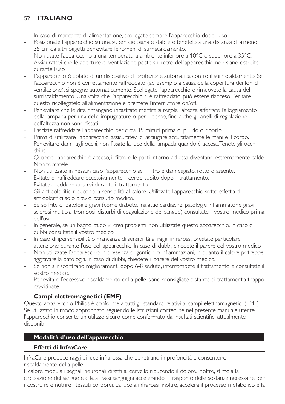 Campi elettromagnetici (emf), Modalità d’uso dell’apparecchio, Effetti di infracare | Philips Lámpara de infrarrojos InfraCare User Manual | Page 52 / 96